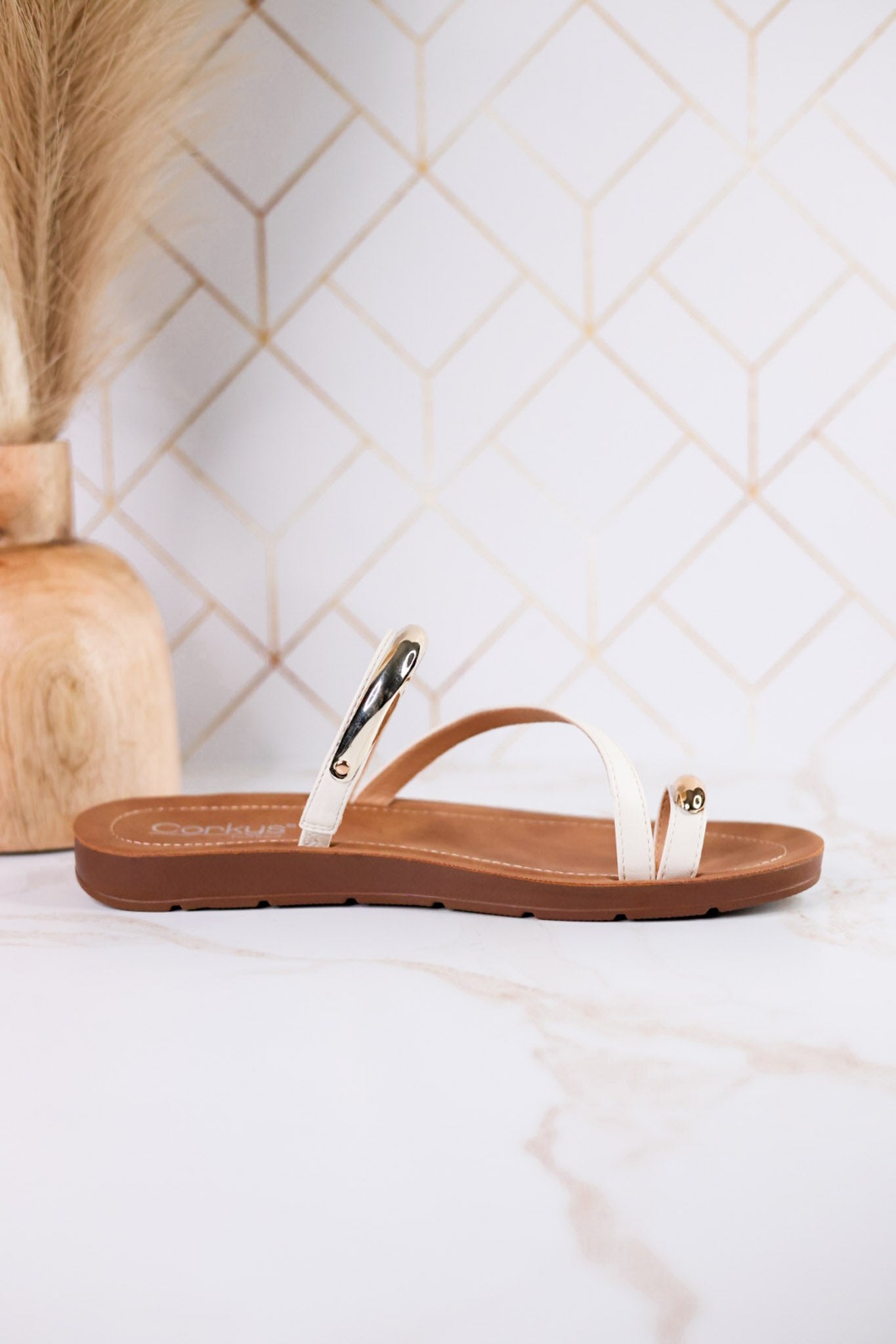 Hit The Strip Sandals With White Straps & Gold Accents