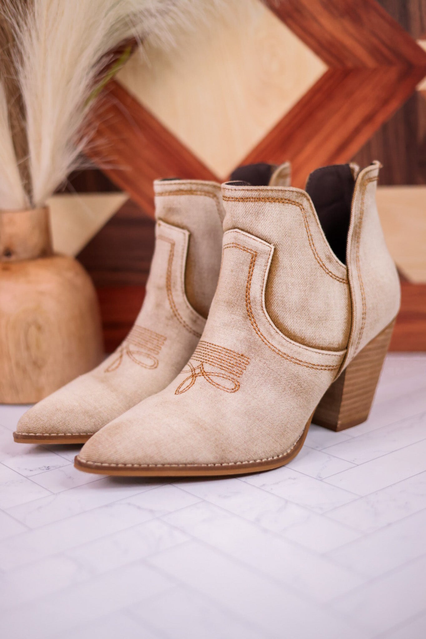 Smoke Show Washed Beige Denim Western Ankle Boots