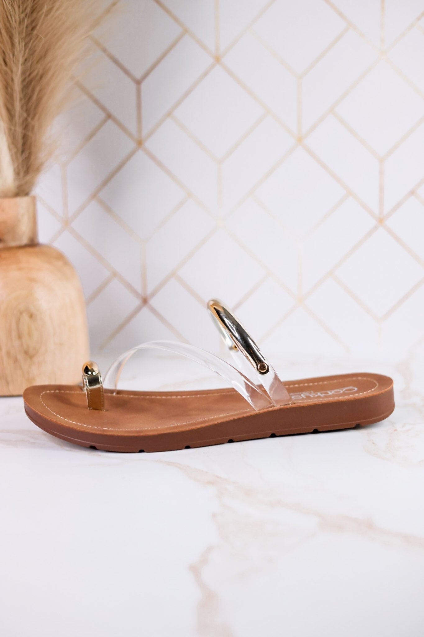 Hit The Strip Sandals With Clear Straps & Gold Accents