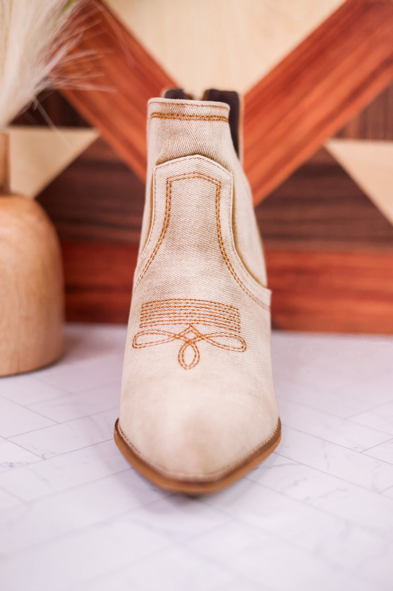 Smoke Show Washed Beige Denim Western Ankle Boots