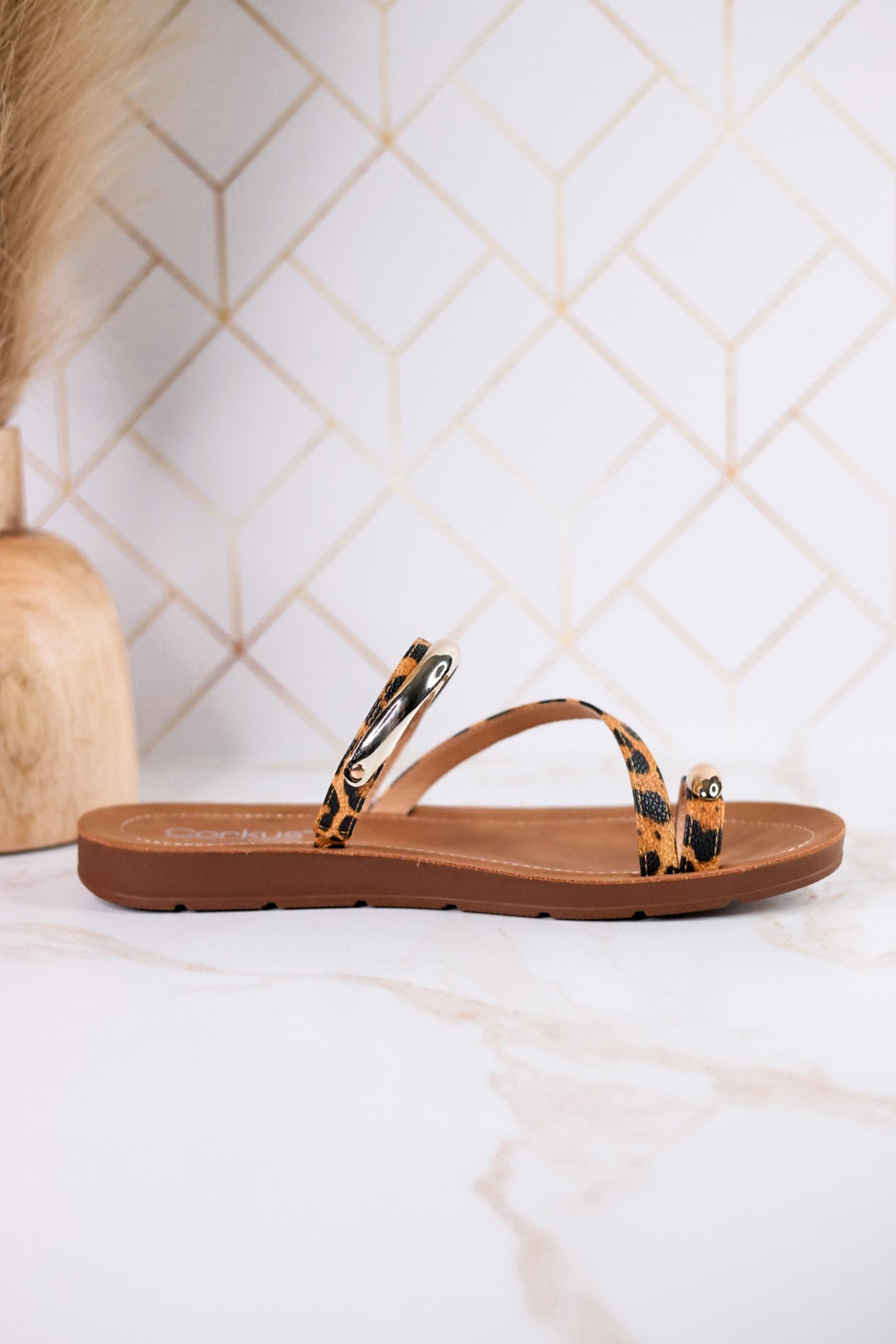 Hit The Strip Sandals With Leopard Straps & Gold Accents