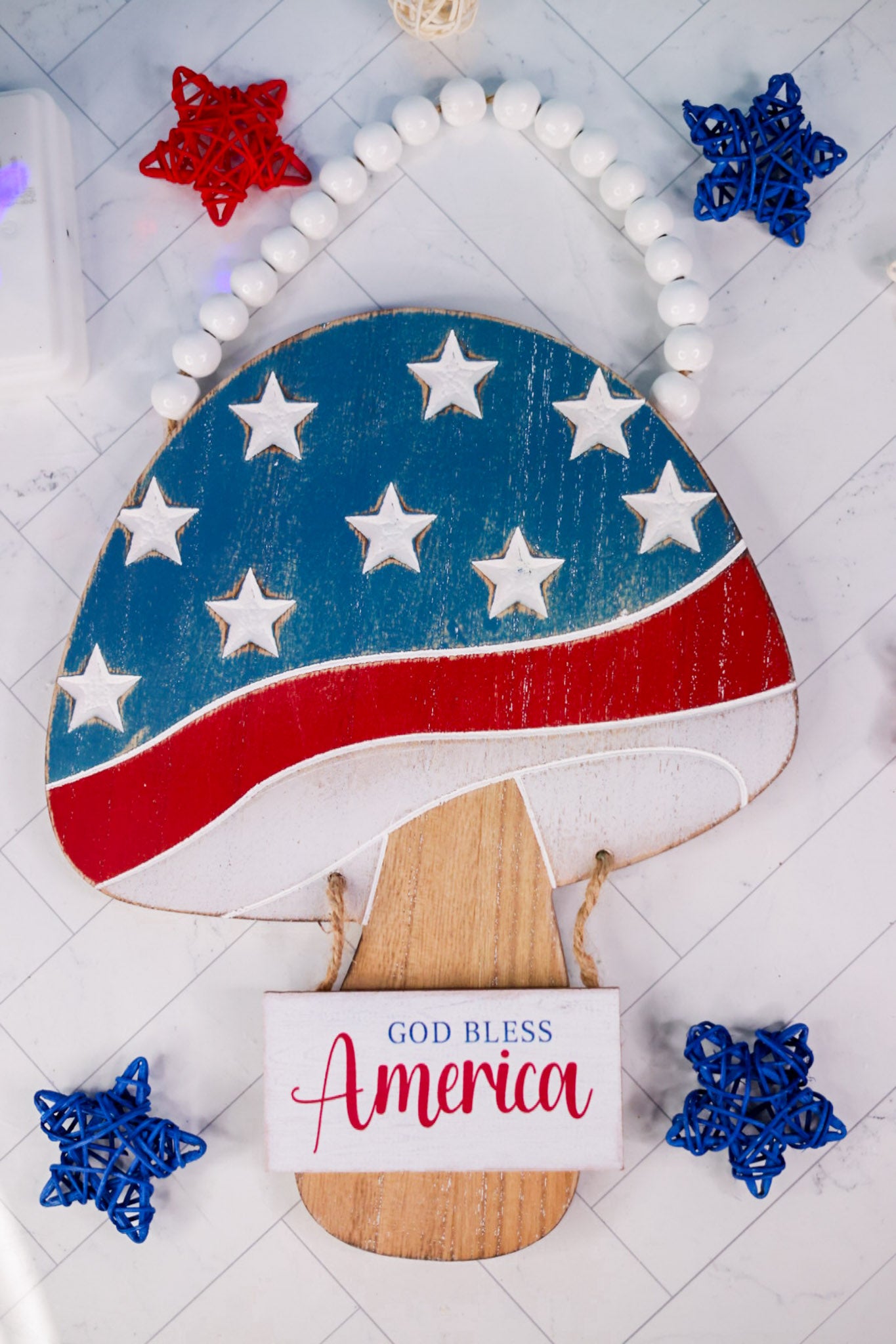 Americana Mushroom Wall Hanging with Beaded Hanger FINAL SALE