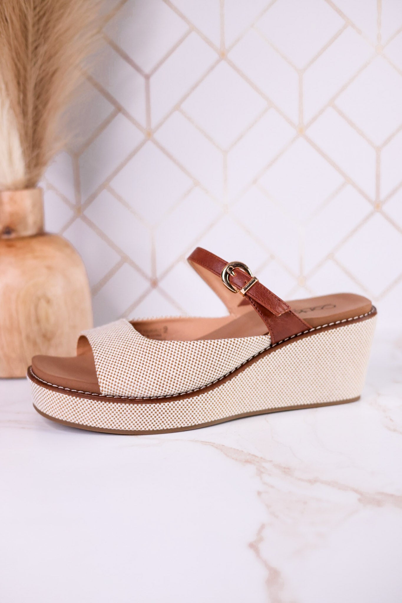 Treat Yourself Bourbon Tweed Peep Toe Wedges