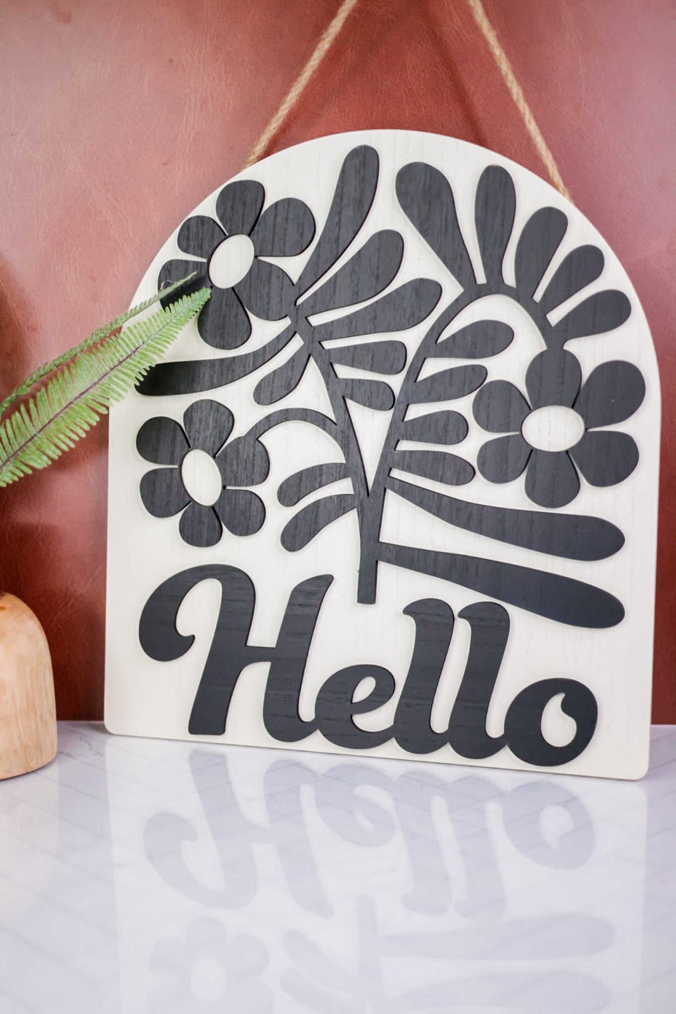 Black and White Floral "Hello" Hanging Sign