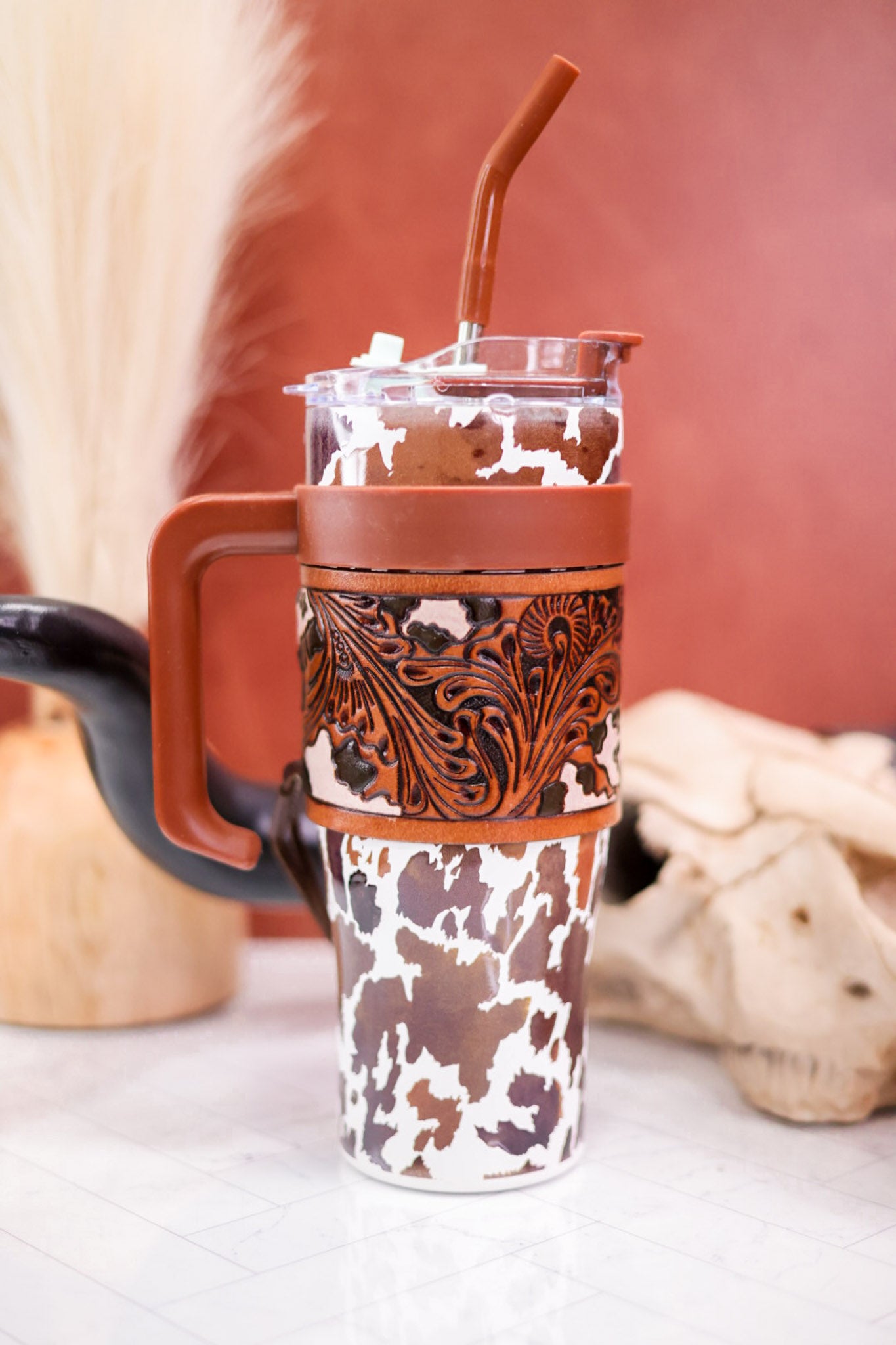 Wide Wyoming Tumbler in Brown and White Cow Print
