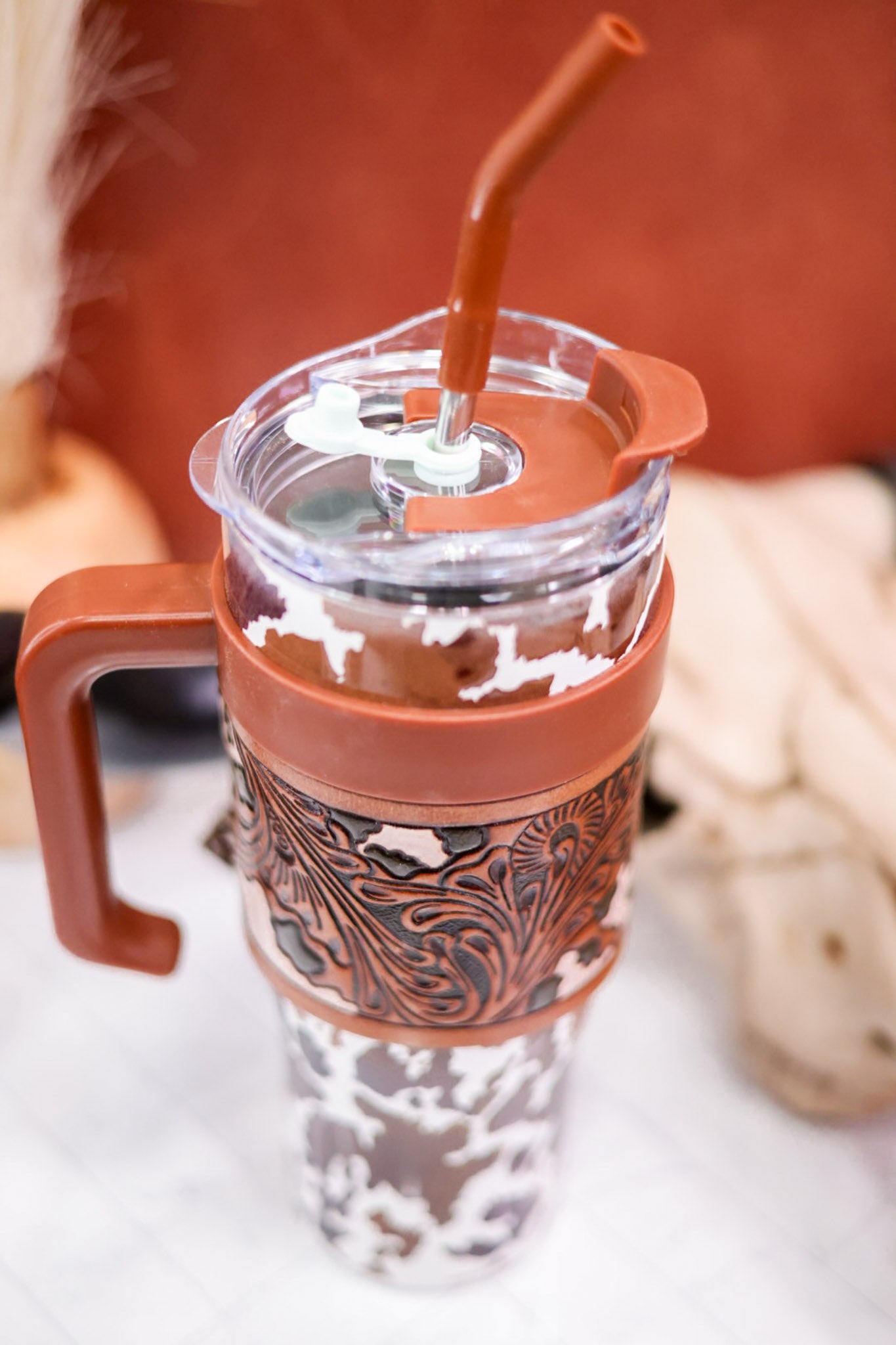 Wide Wyoming Tumbler in Brown and White Cow Print