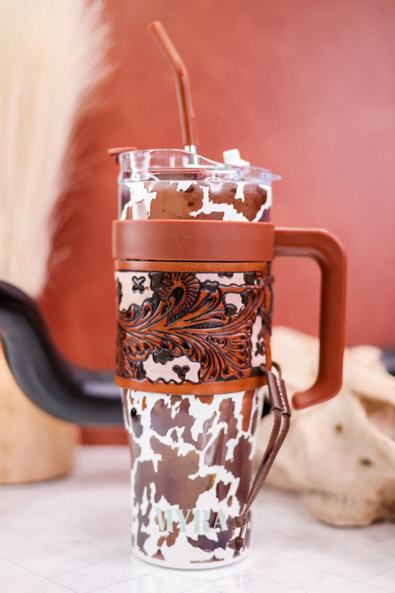 Wide Wyoming Tumbler in Brown and White Cow Print