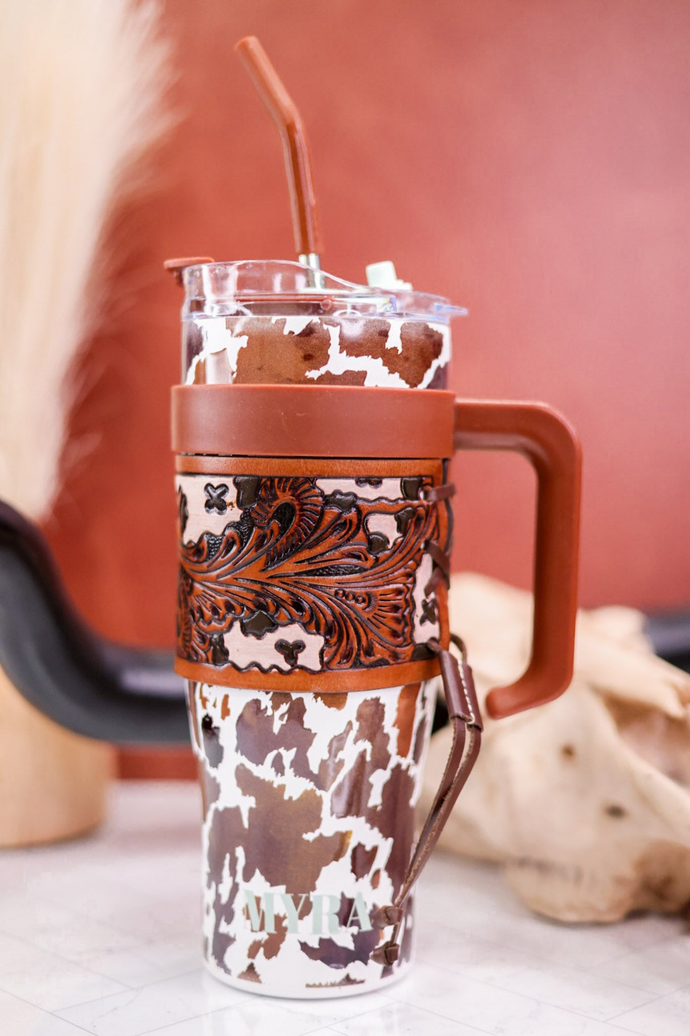Wide Wyoming Tumbler in Brown and White Cow Print
