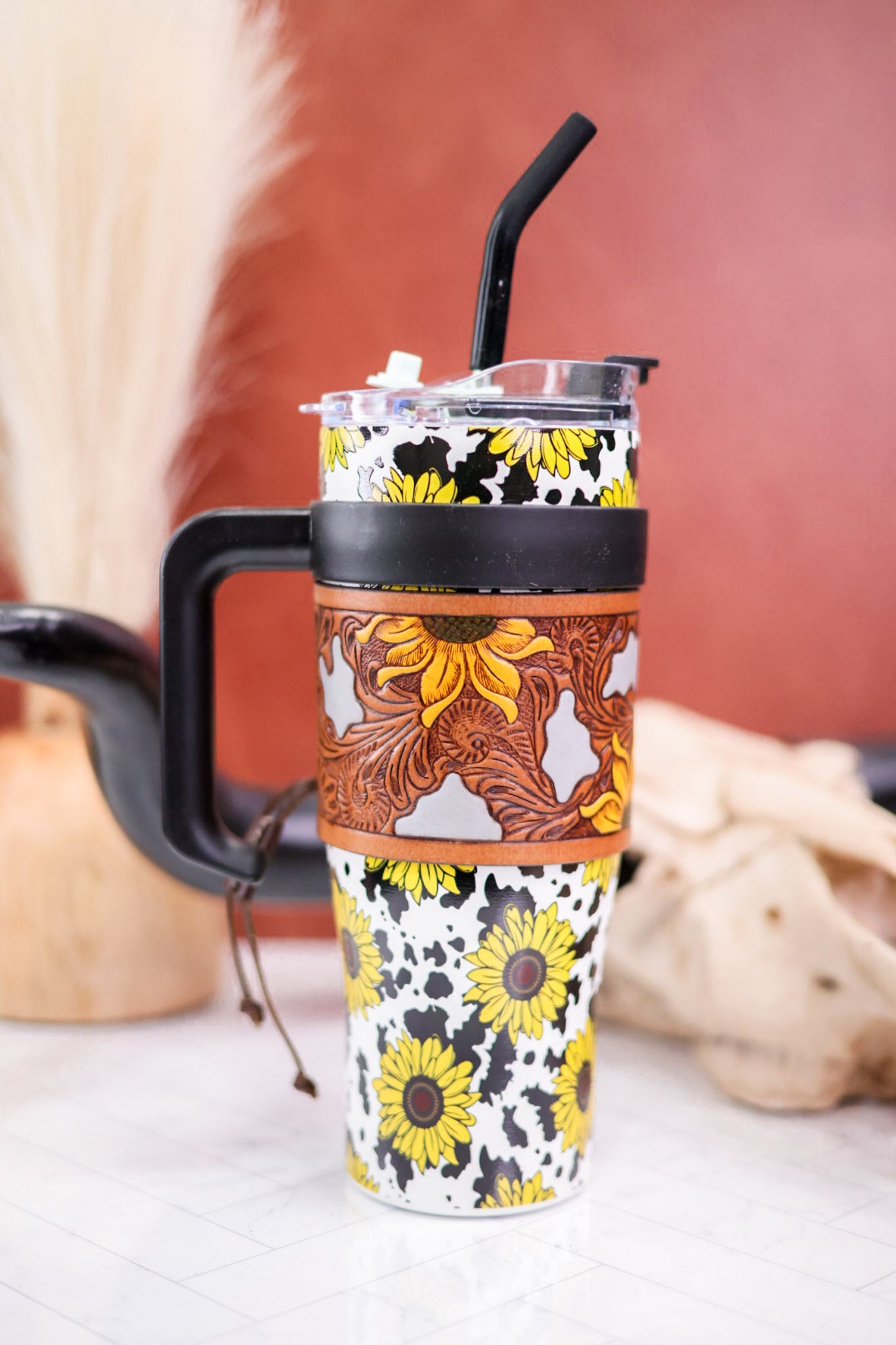 Sunflowers and Cow Print Wide Wyoming Tumbler