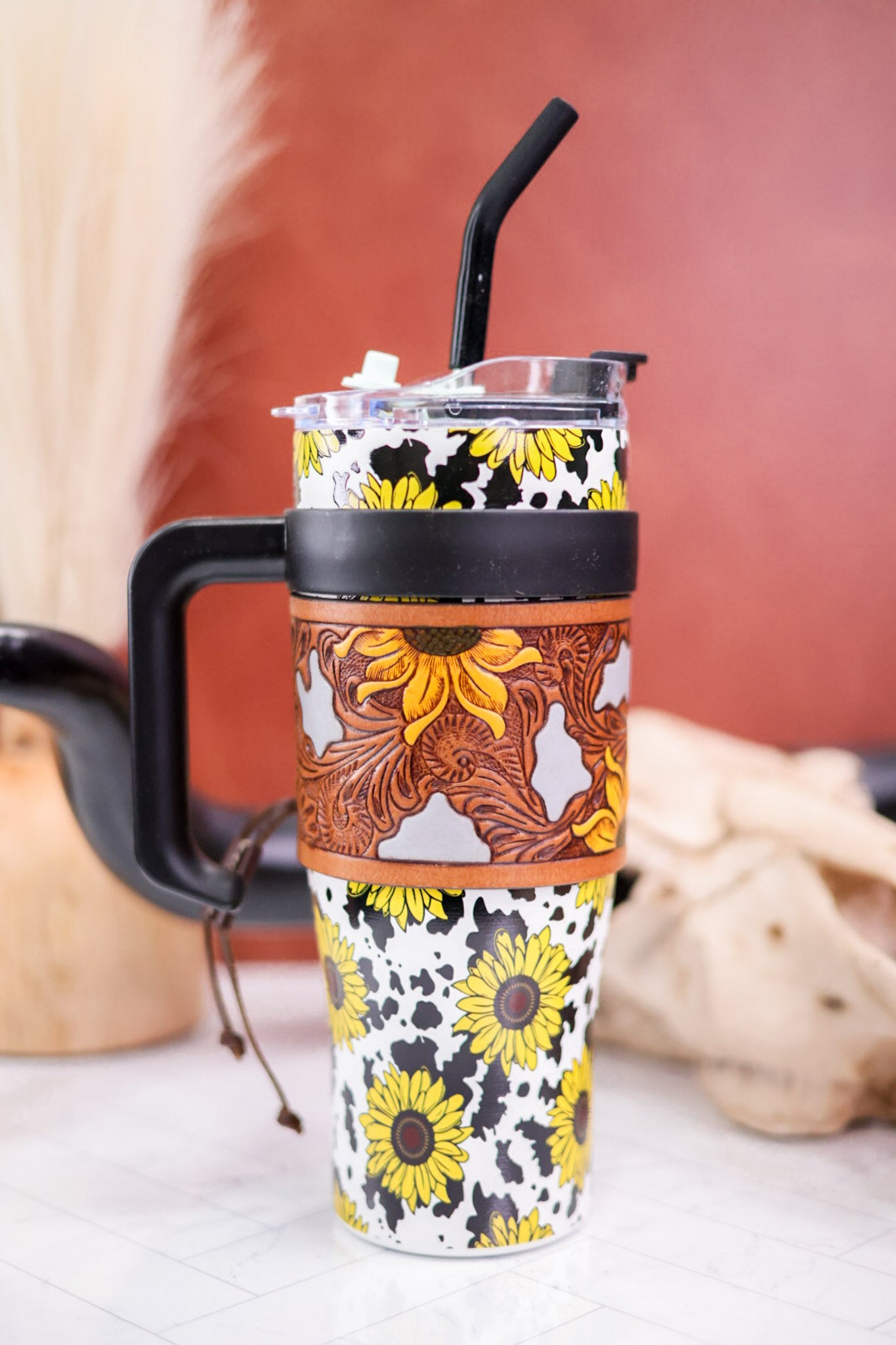 Sunflowers and Cow Print Wide Wyoming Tumbler