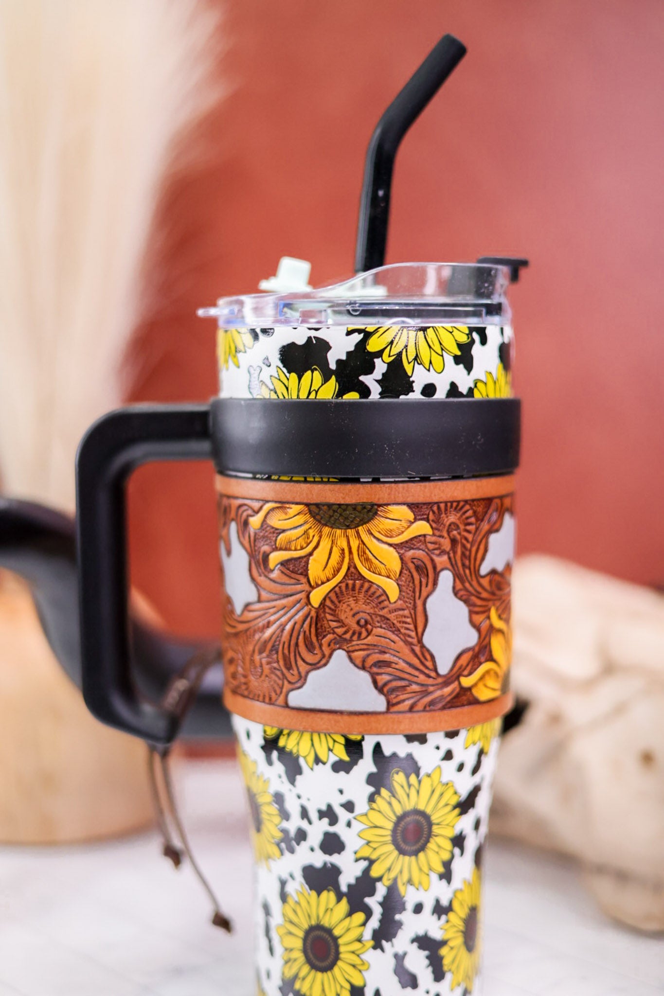 Sunflowers and Cow Print Wide Wyoming Tumbler