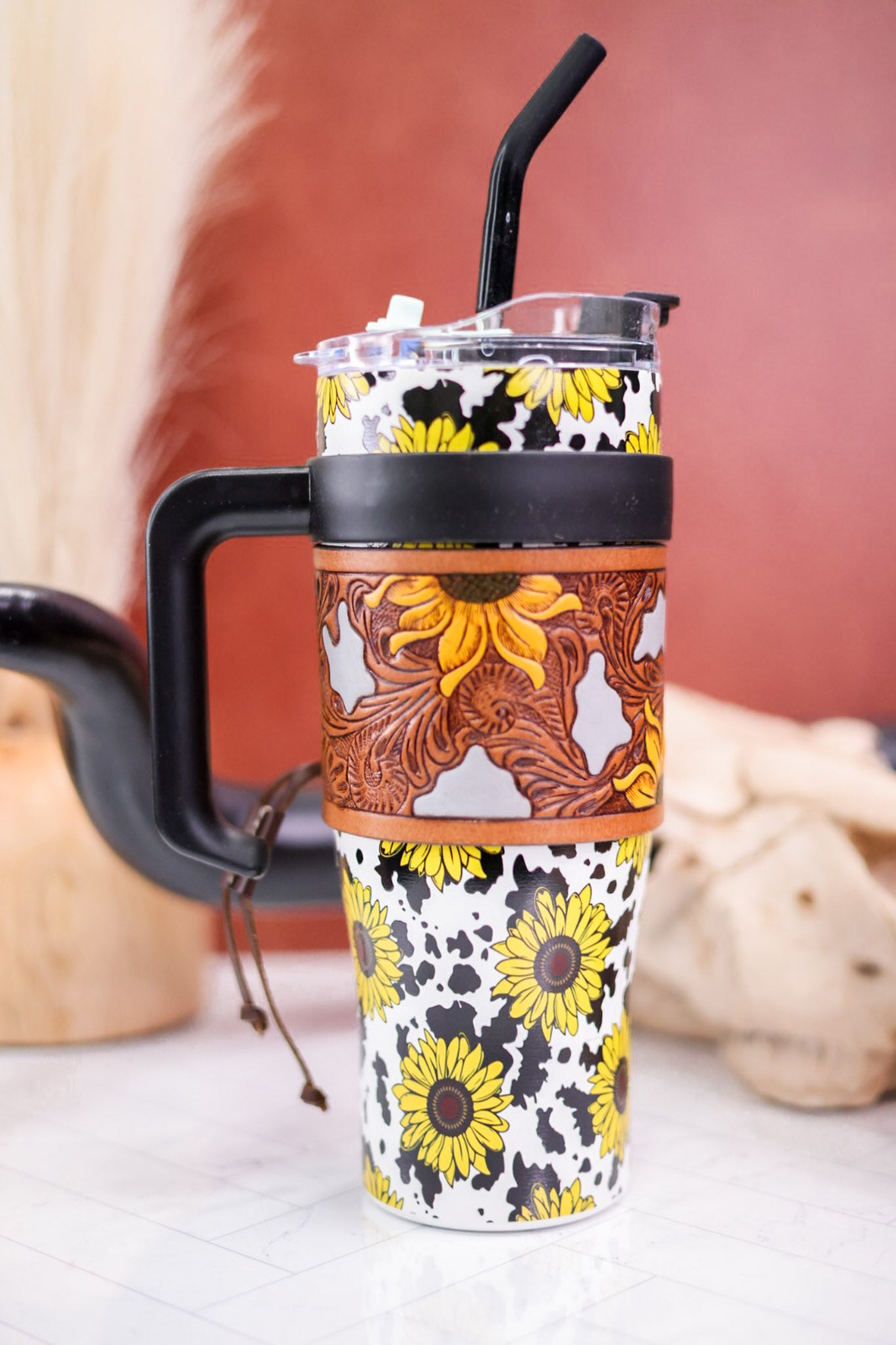 Sunflowers and Cow Print Wide Wyoming Tumbler