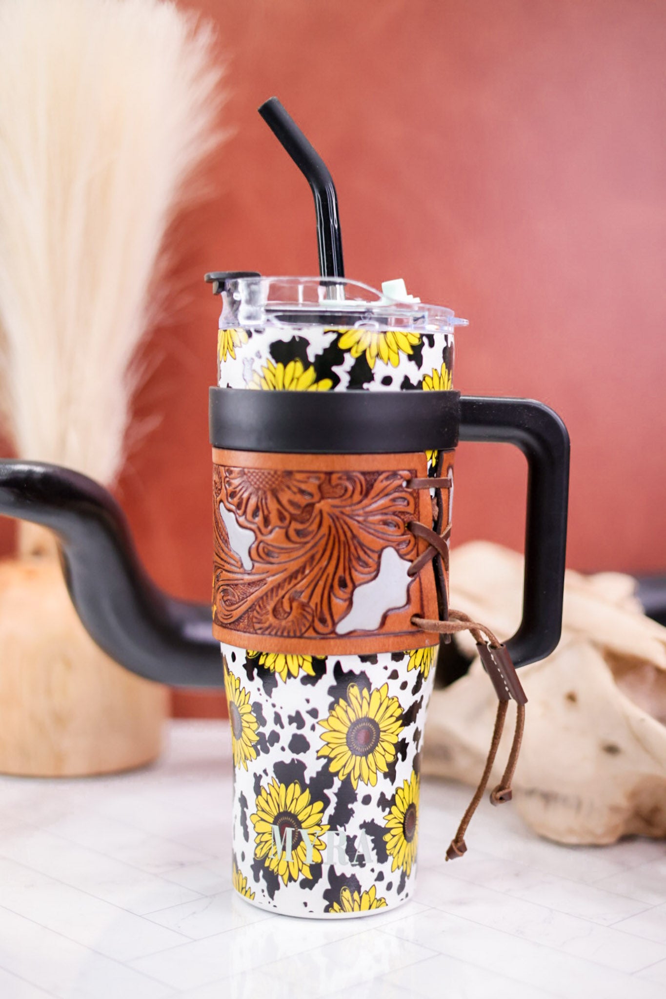 Sunflowers and Cow Print Wide Wyoming Tumbler