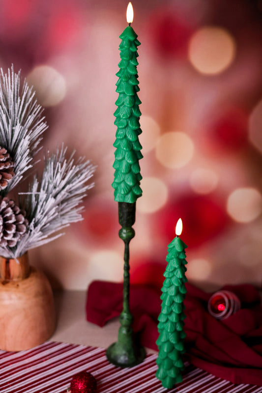 Set Of Two Green Christmas Tree Light Up Taper Candles
