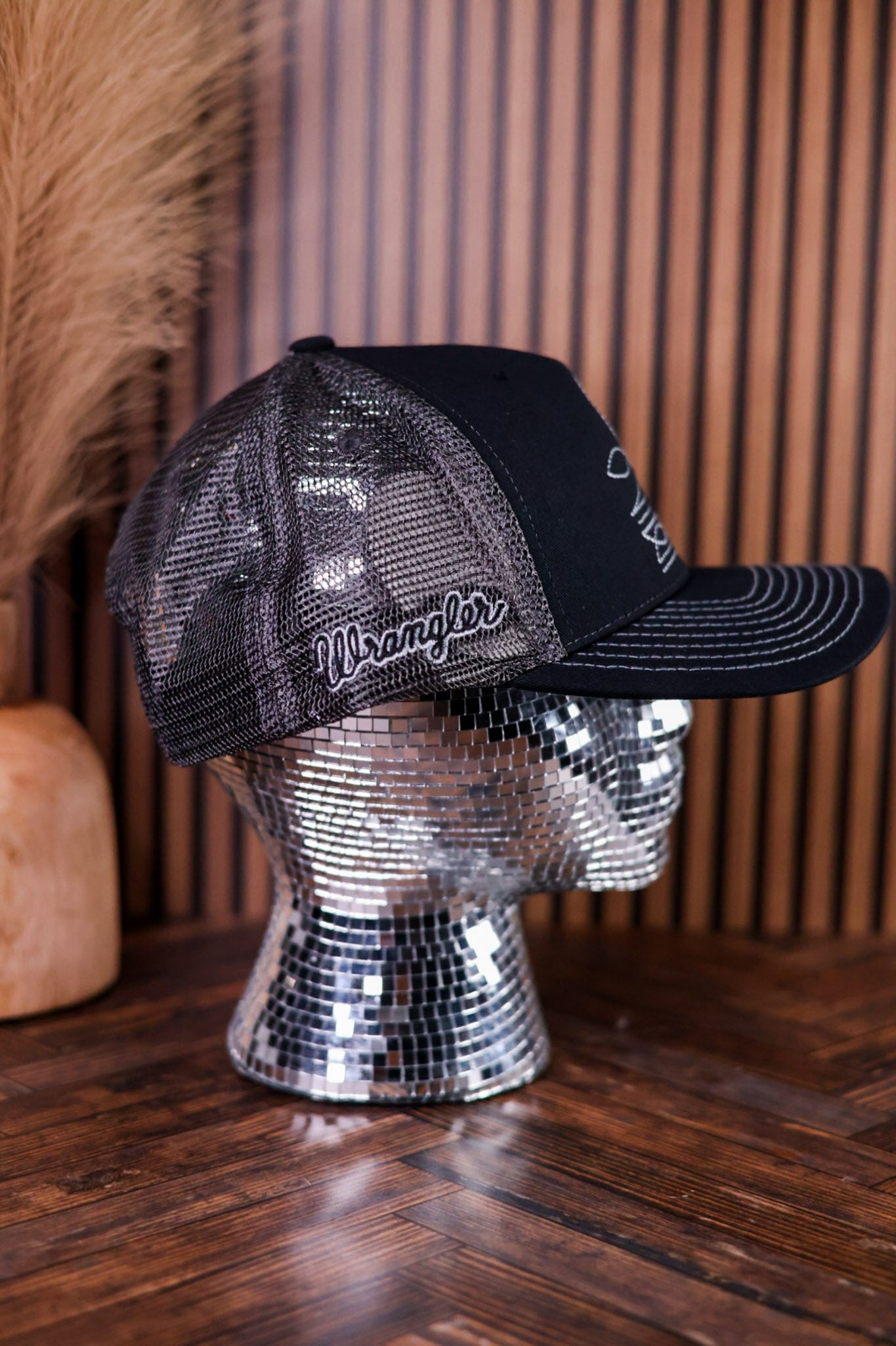 Black Wrangler Boot Stitch Snapback Trucker Hat