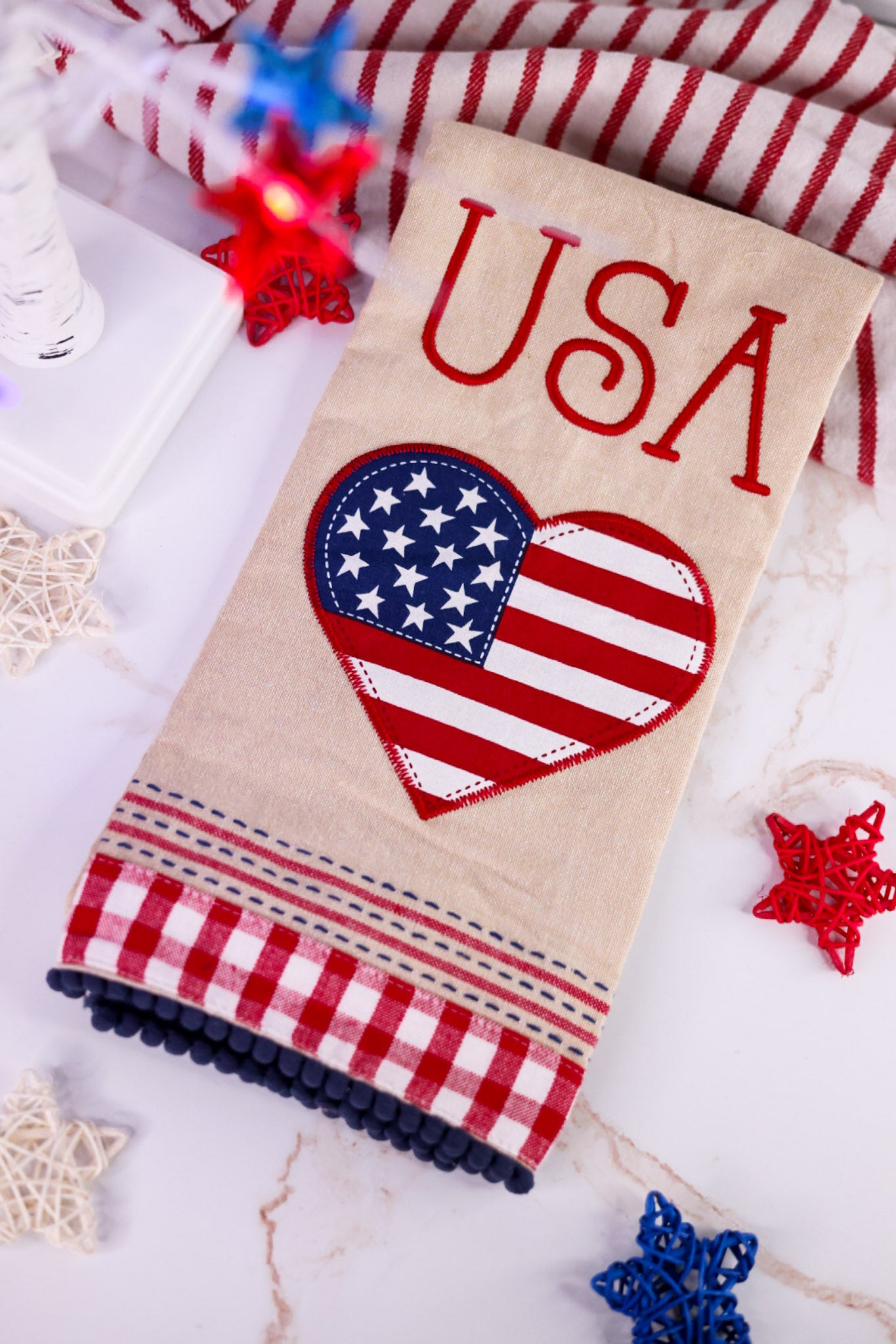 American Flag Heart Embroidered Dish Towel