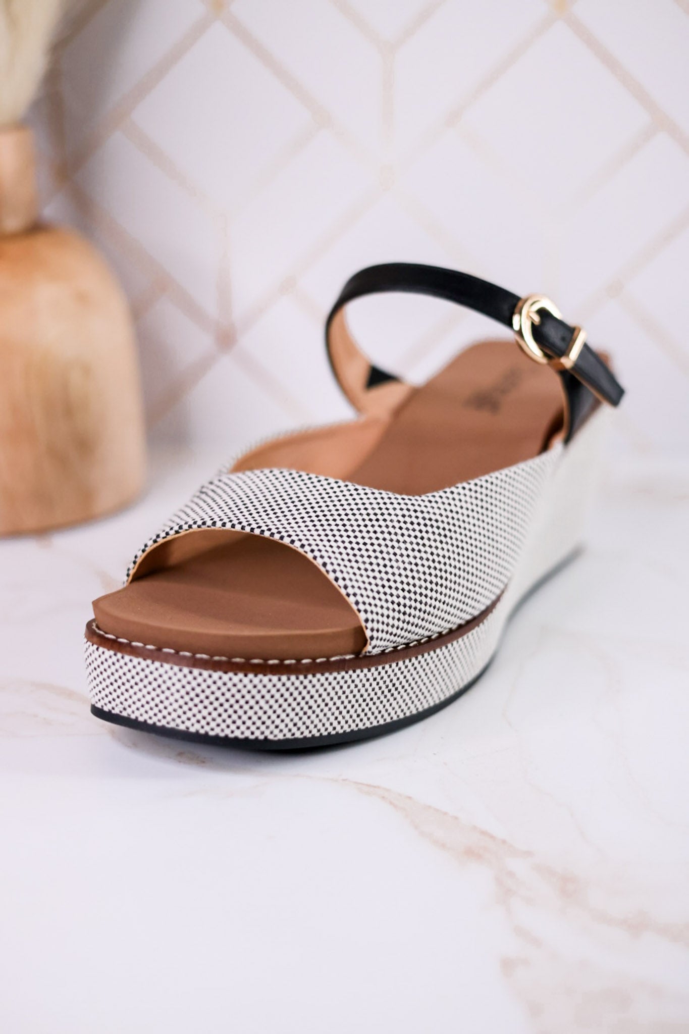 Treat Yourself Black Tweed Peep Toe Wedges