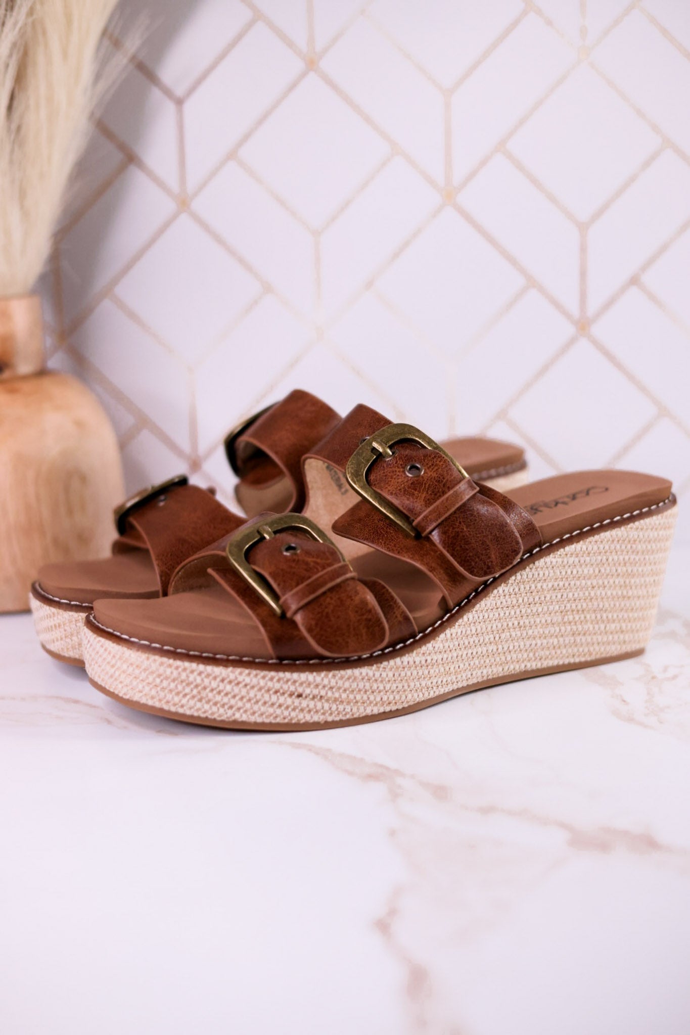 Manifest Cognac Wedge Sandals With Buckle Straps