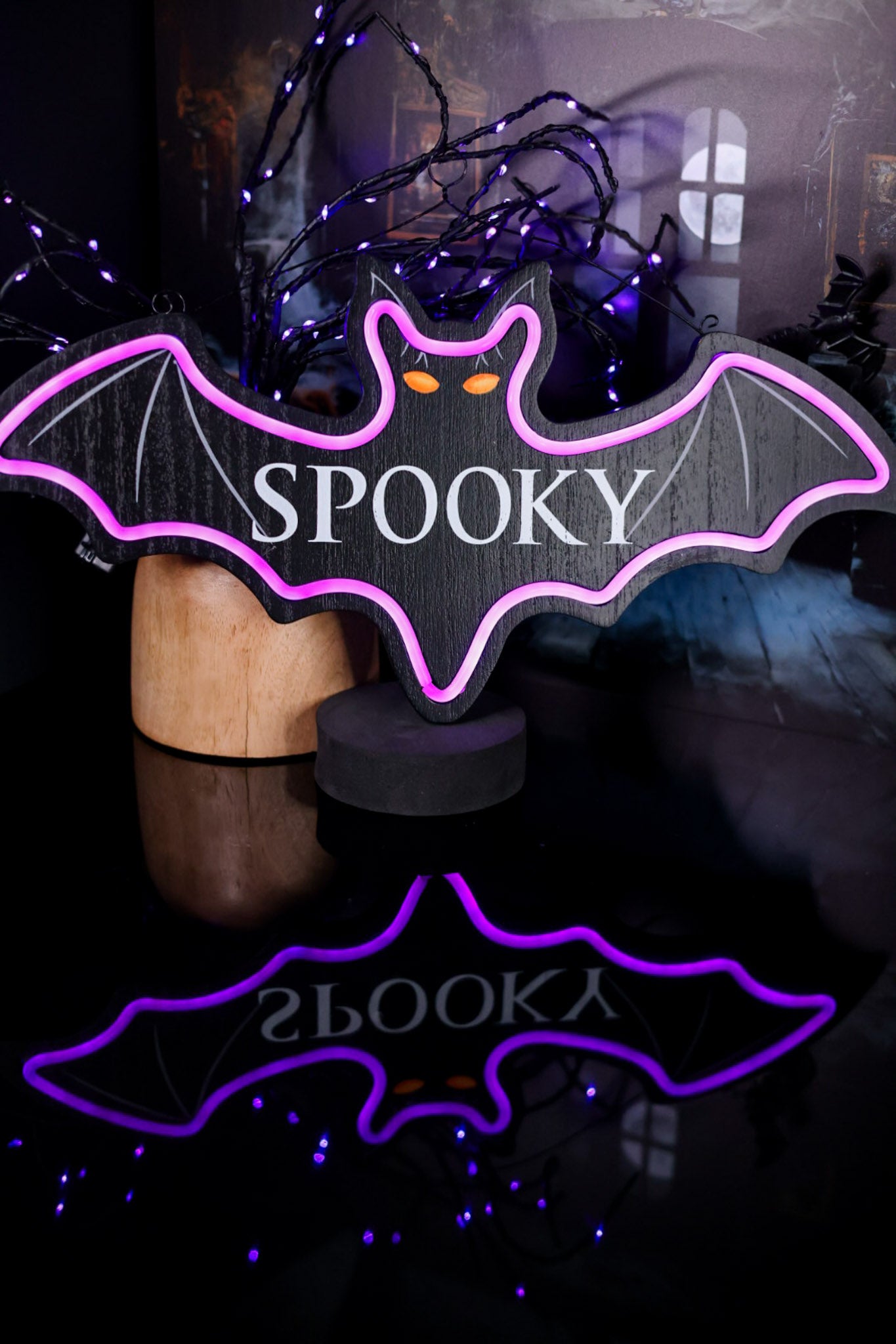 Eek Wood and Neon Hanging Bat Sign