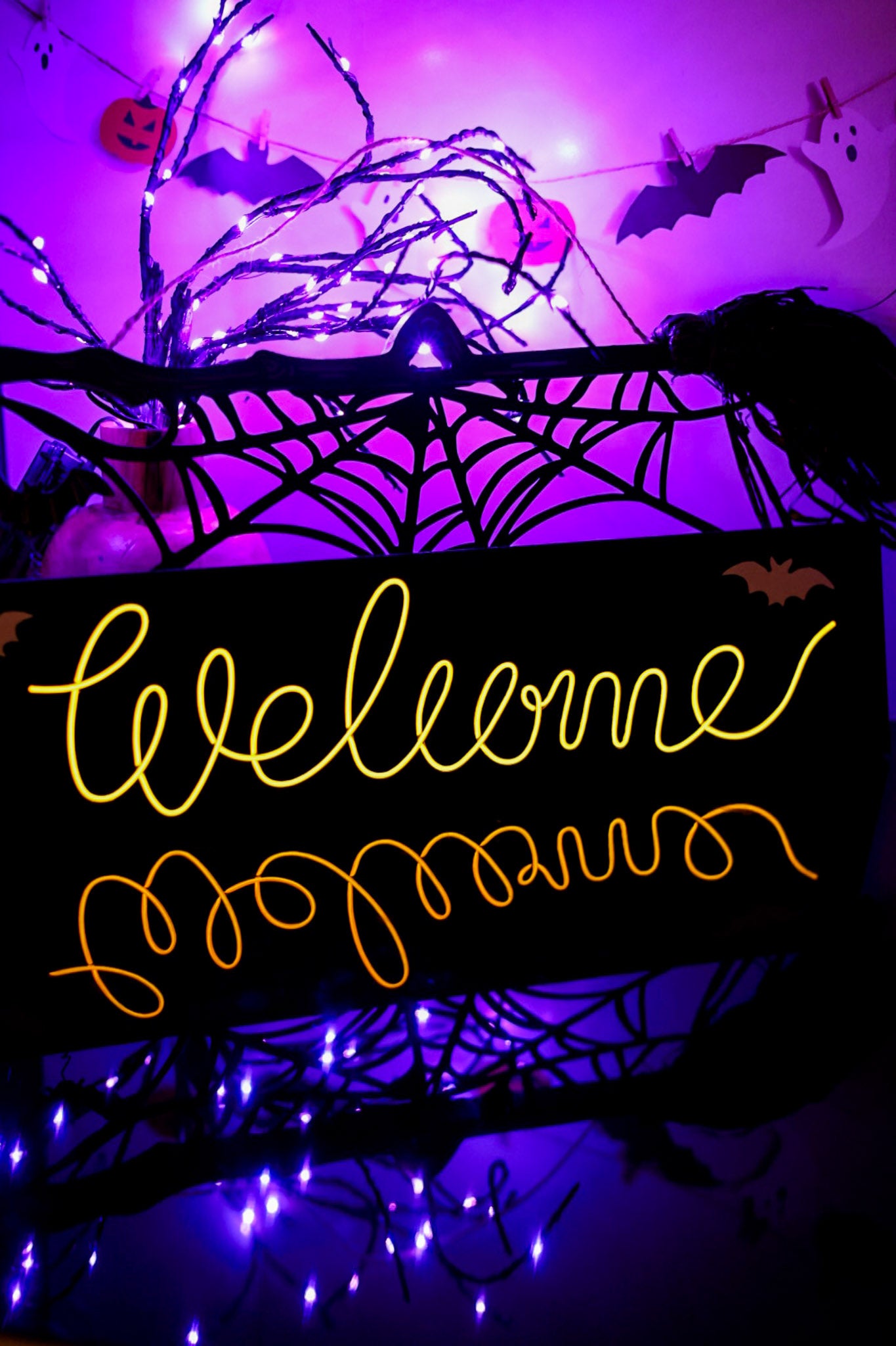 Hanging Neon "Welcome" Sign With Witch Broom