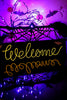 Hanging Neon "Welcome" Sign With Witch Broom