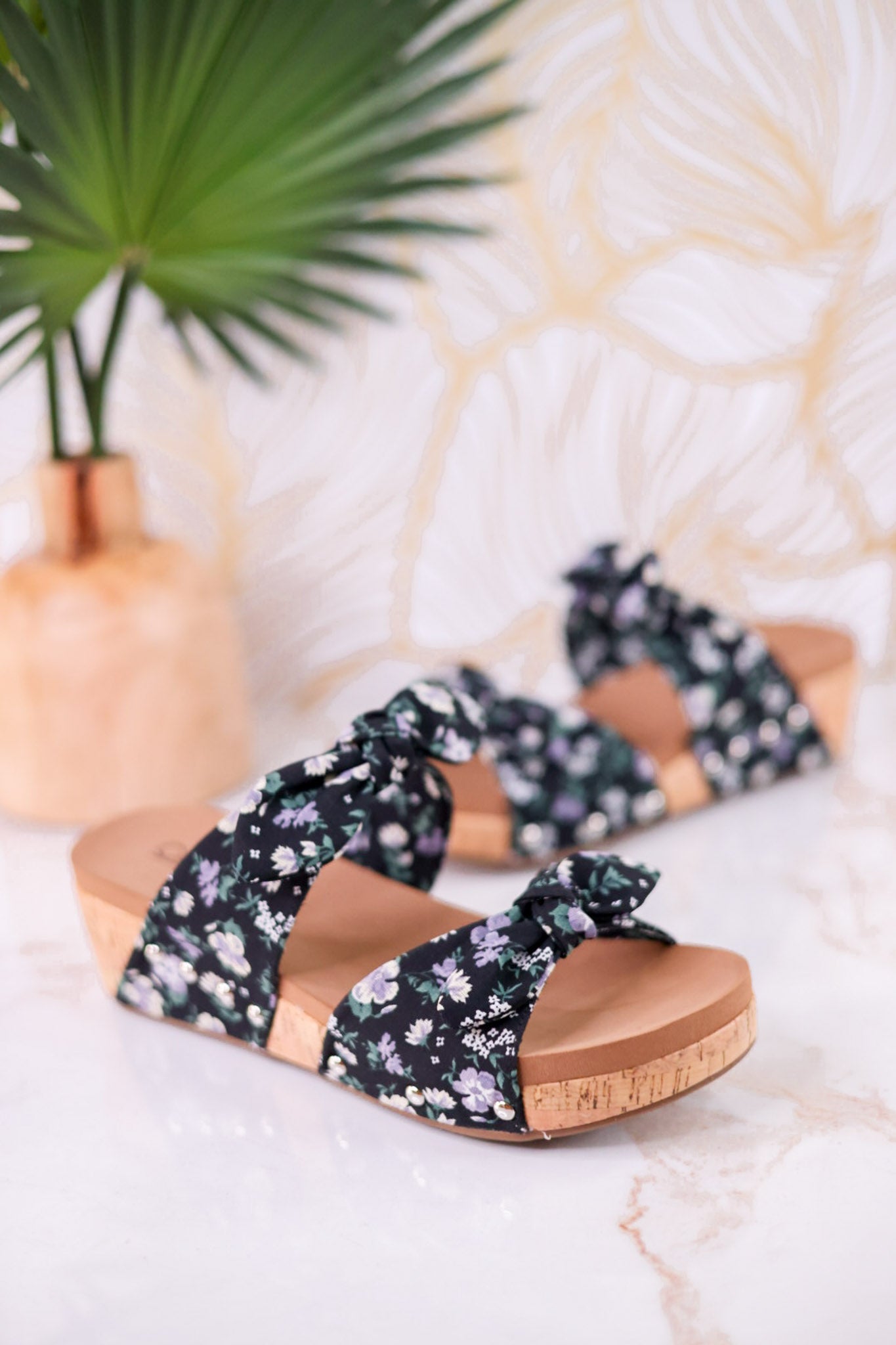 Black Floral Sittin Pretty Wedge Sandals