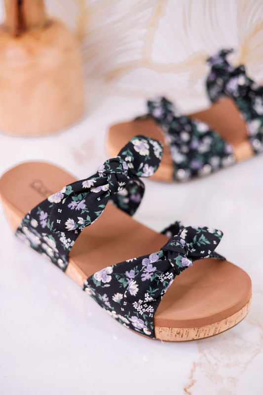 Black Floral Sittin Pretty Wedge Sandals