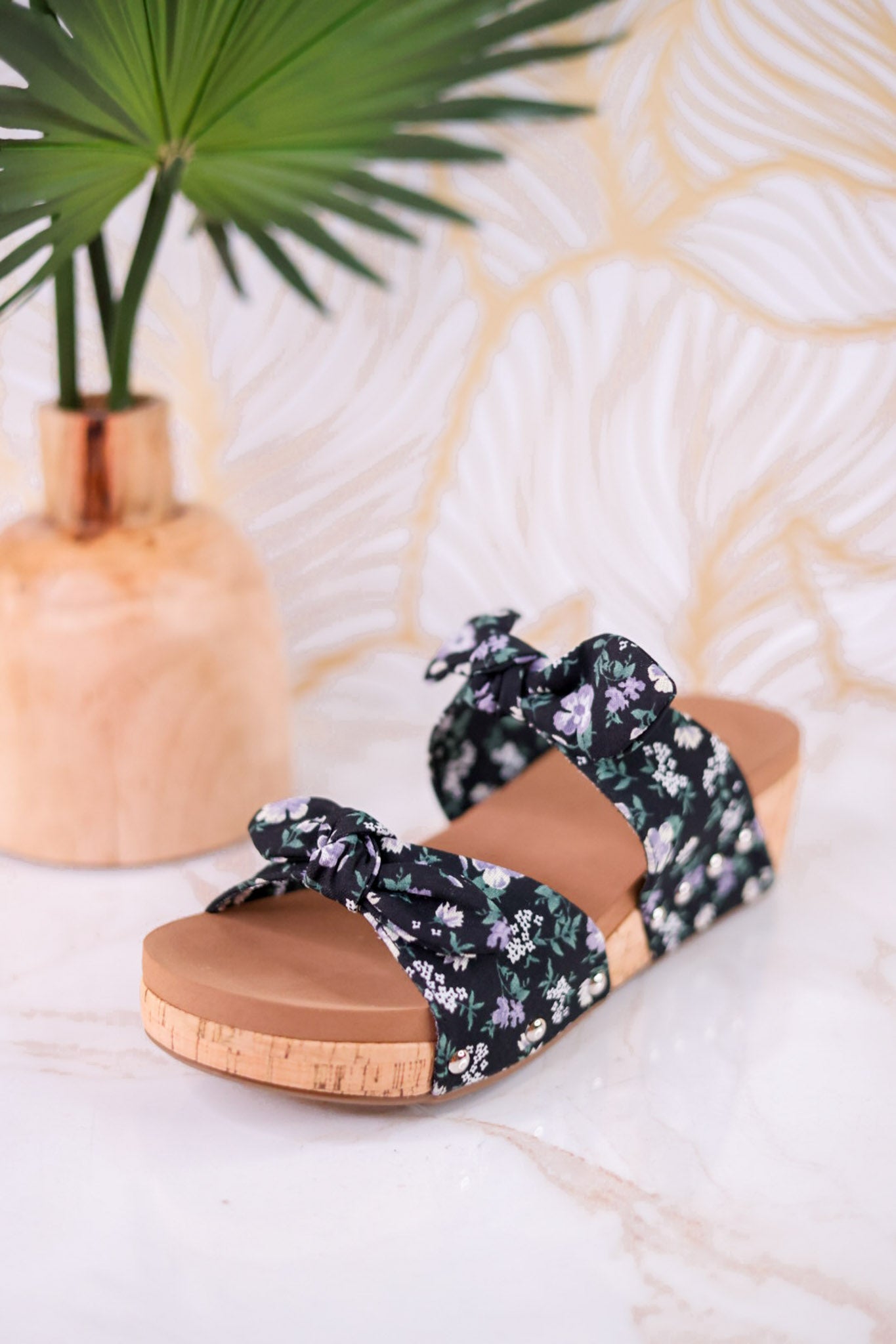 Black Floral Sittin Pretty Wedge Sandals