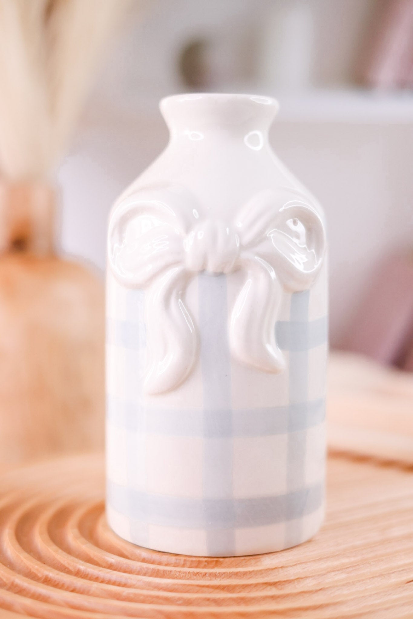White & Blue Gingham Ceramic Bud Vase