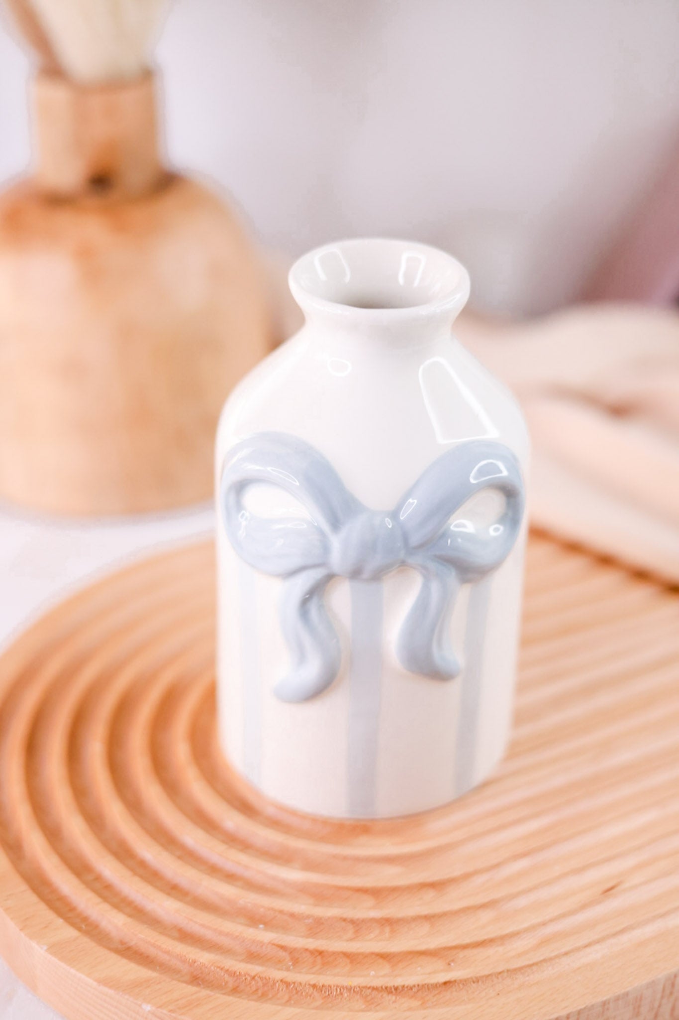 Ceramic Blue & White Striped Bud Vase With Bow Accent