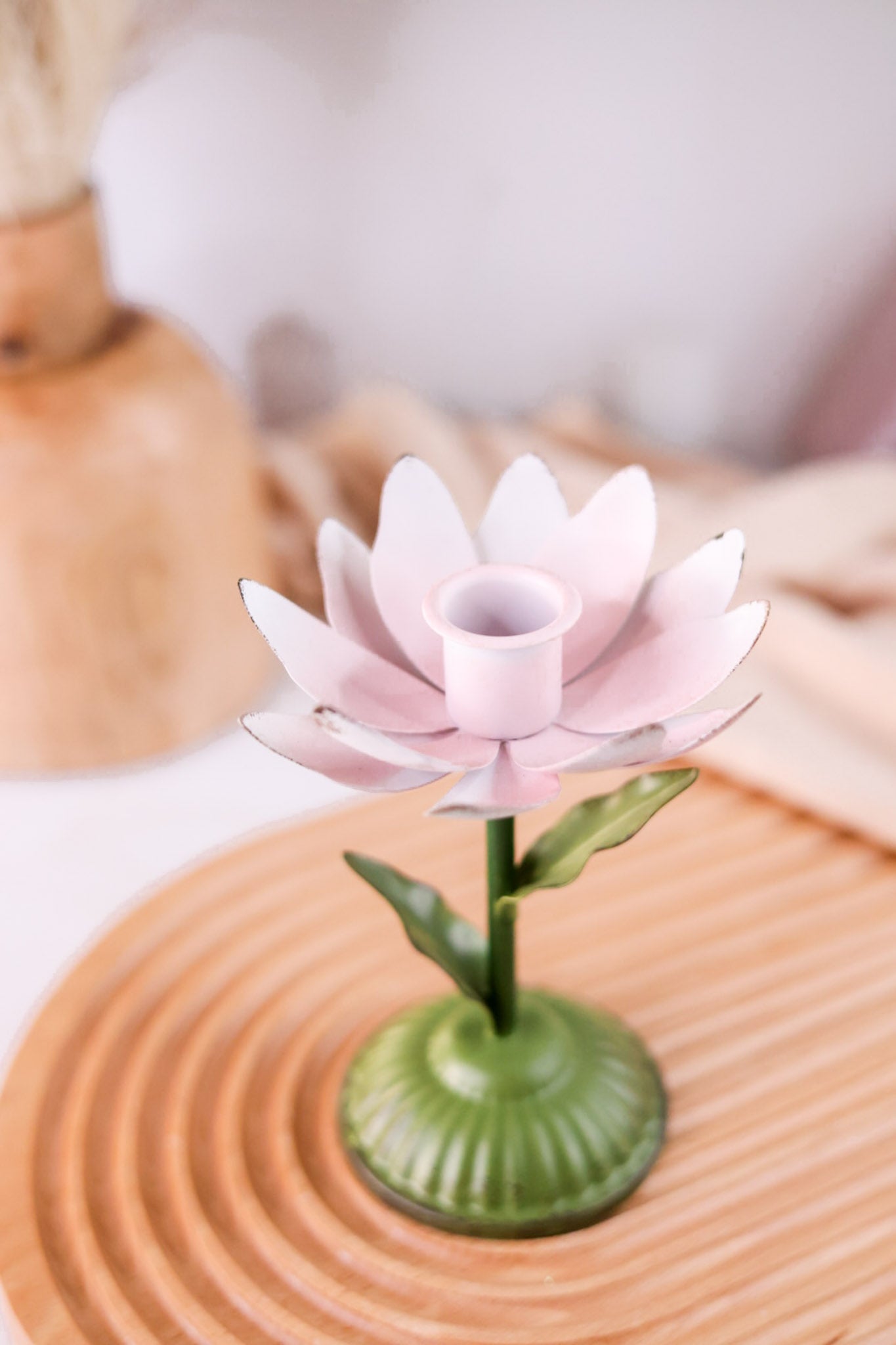 6.25" Pink Metal Flower Taper Candle Holder