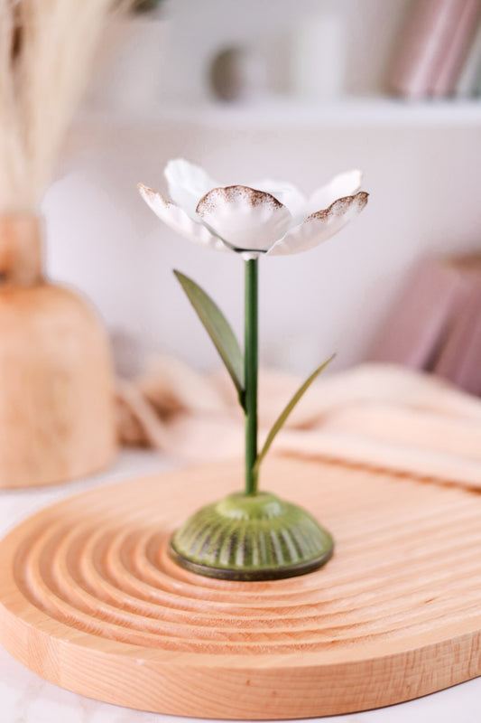 7.5" White Metal Flower Taper Candle Holder