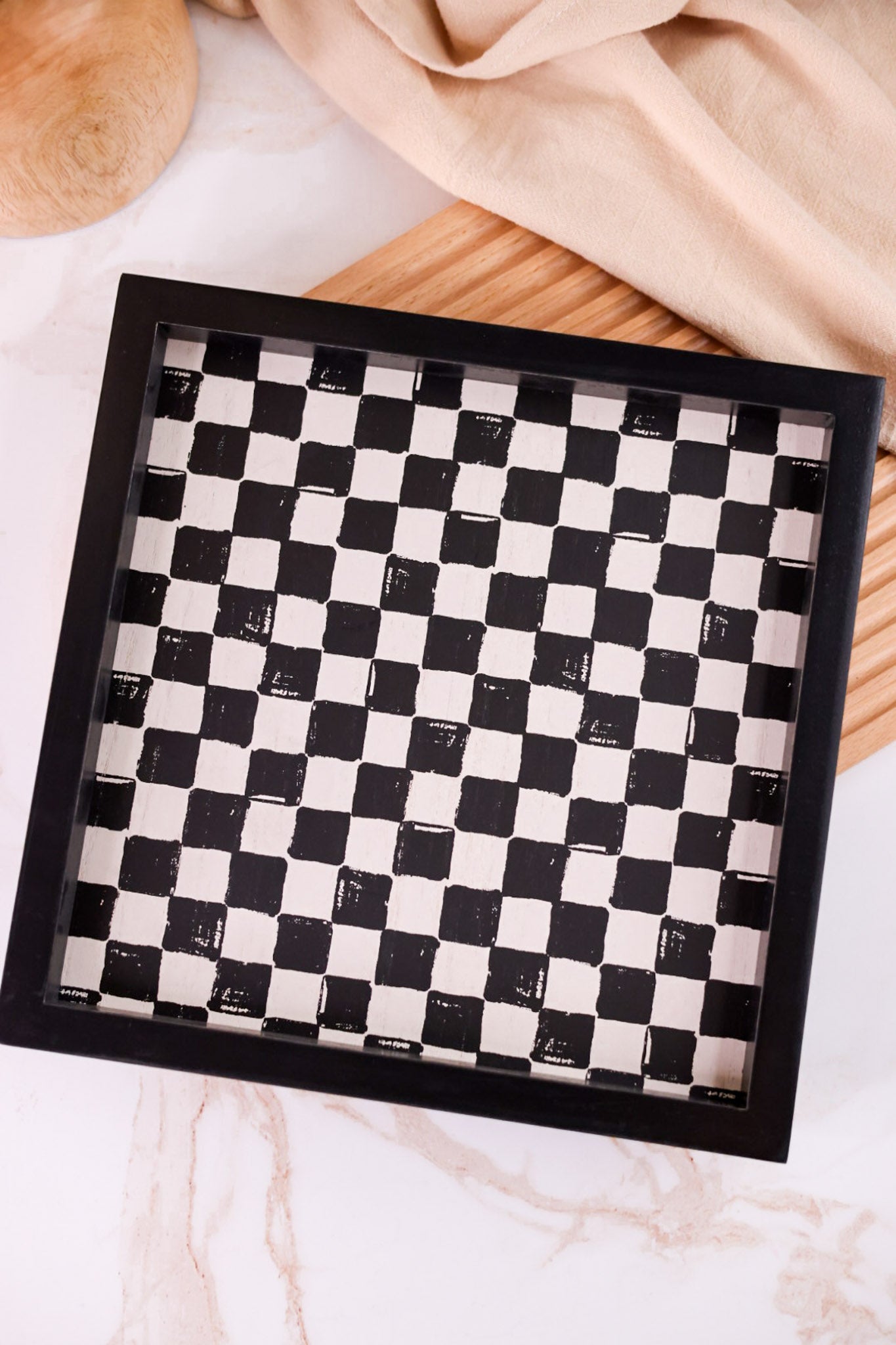 Black & White Checkered Wood Tray