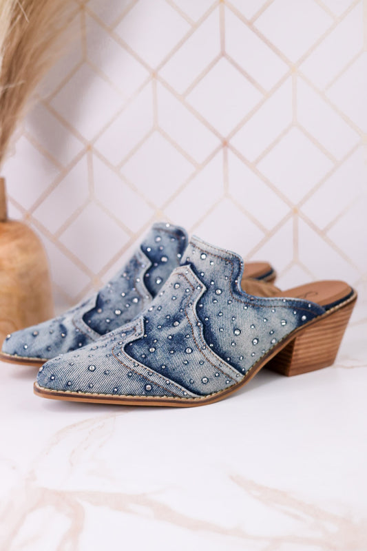 "Tex Mex" Pointed Toe Blue Washed Denim Mules