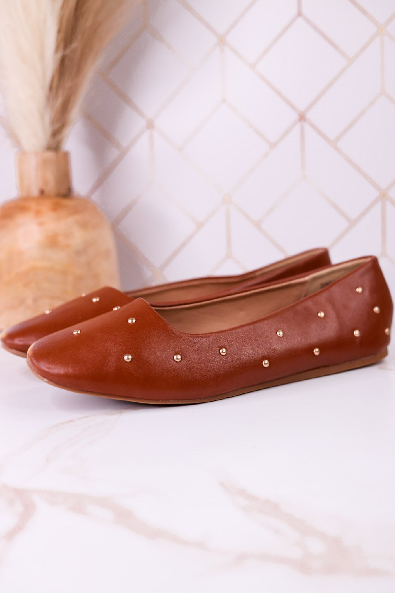 "Don't Be Rude" Cognac Flats W/ Rose Gold Studding