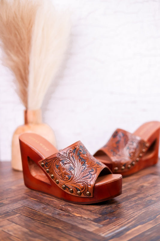 Desert Wanderer Tooled Leather Wedge Sandals