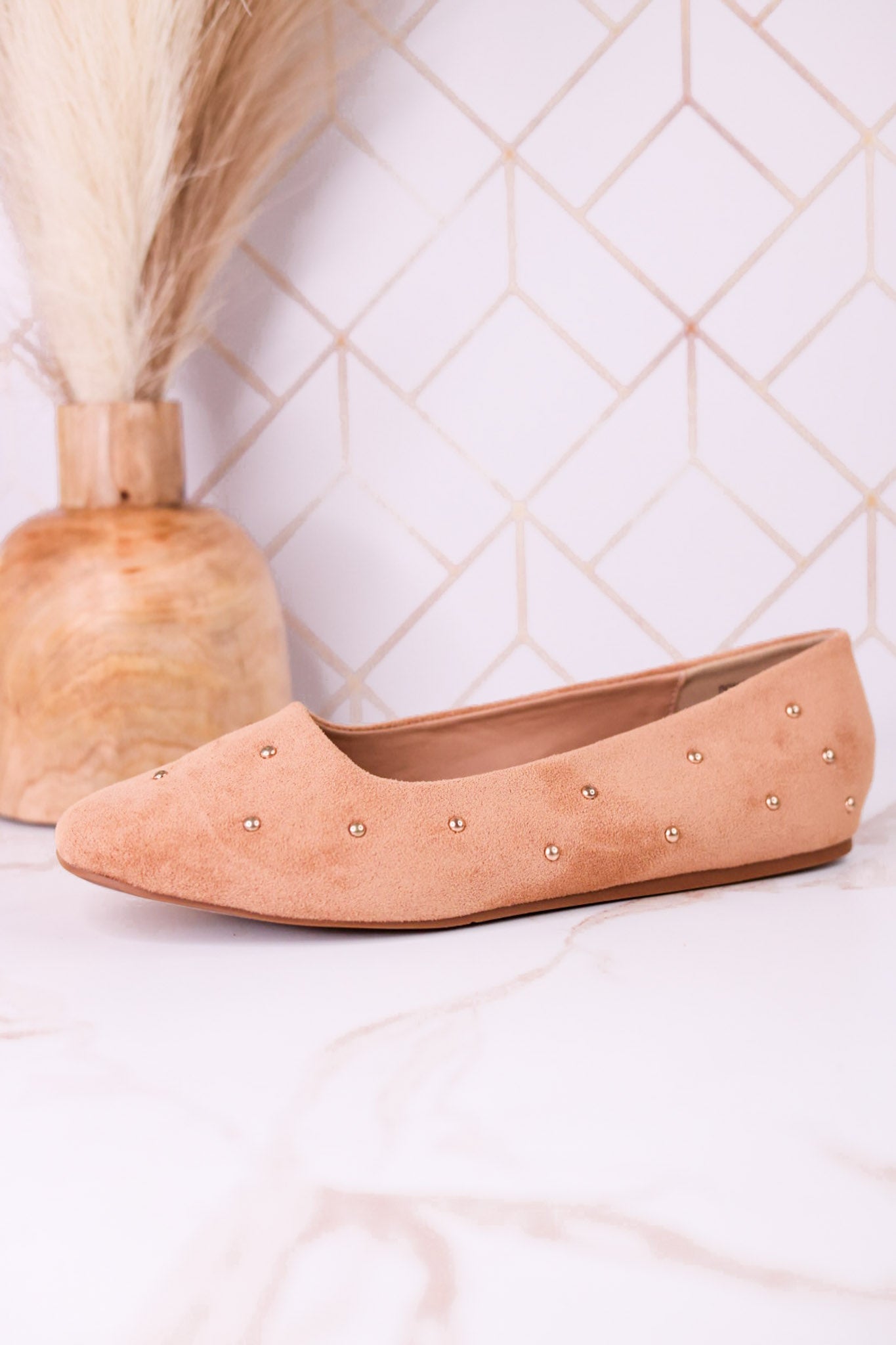 "Don't Be Rude" Camel Faux Suede Flats W/ Rose Gold Studding