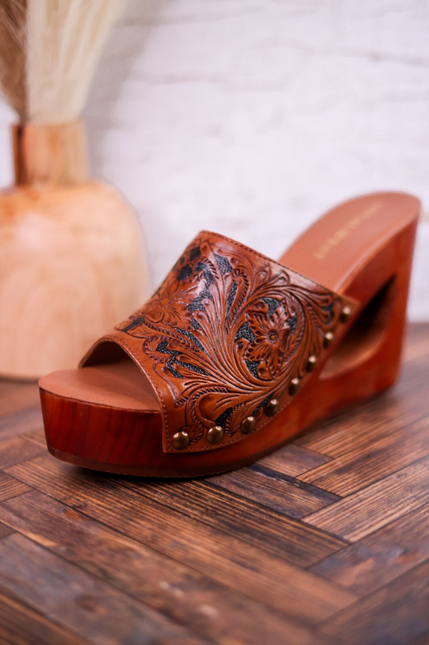 Desert Wanderer Tooled Leather Wedge Sandals