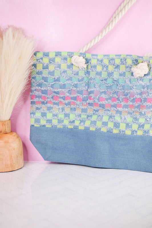 Colorful Checkered Denim Tote Bag