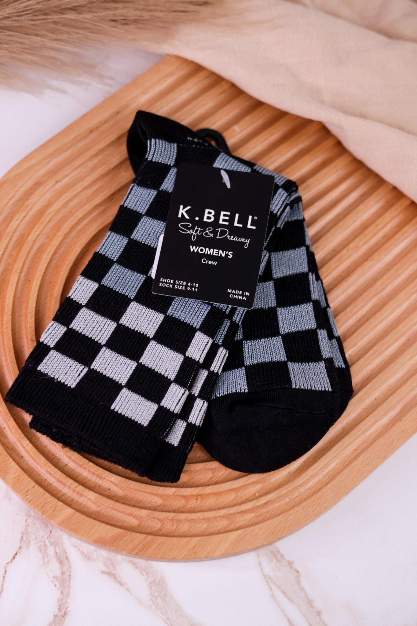 Women's Black, Grey, & White Check Crew Socks
