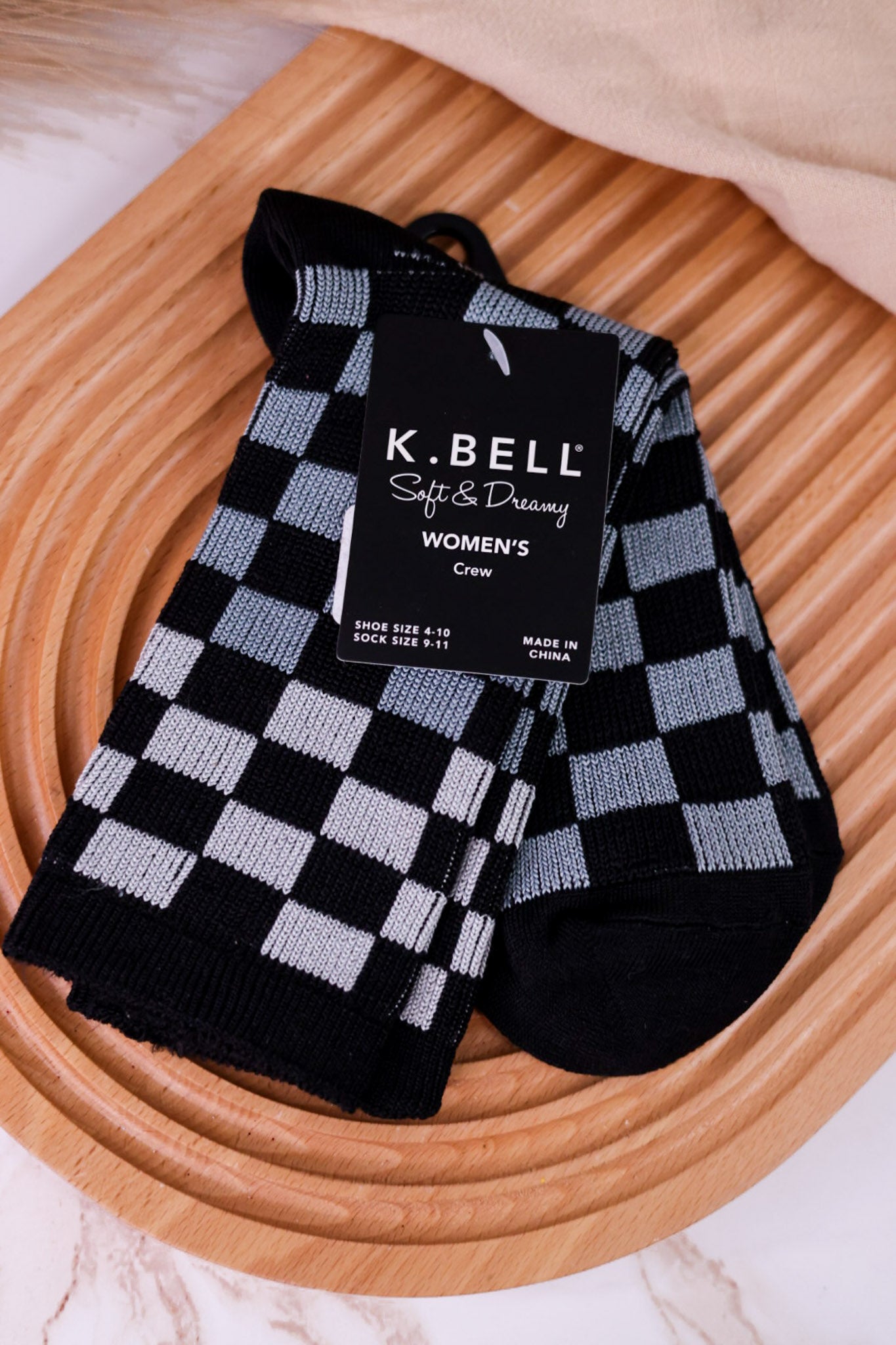 Women's Black, Grey, & White Check Crew Socks