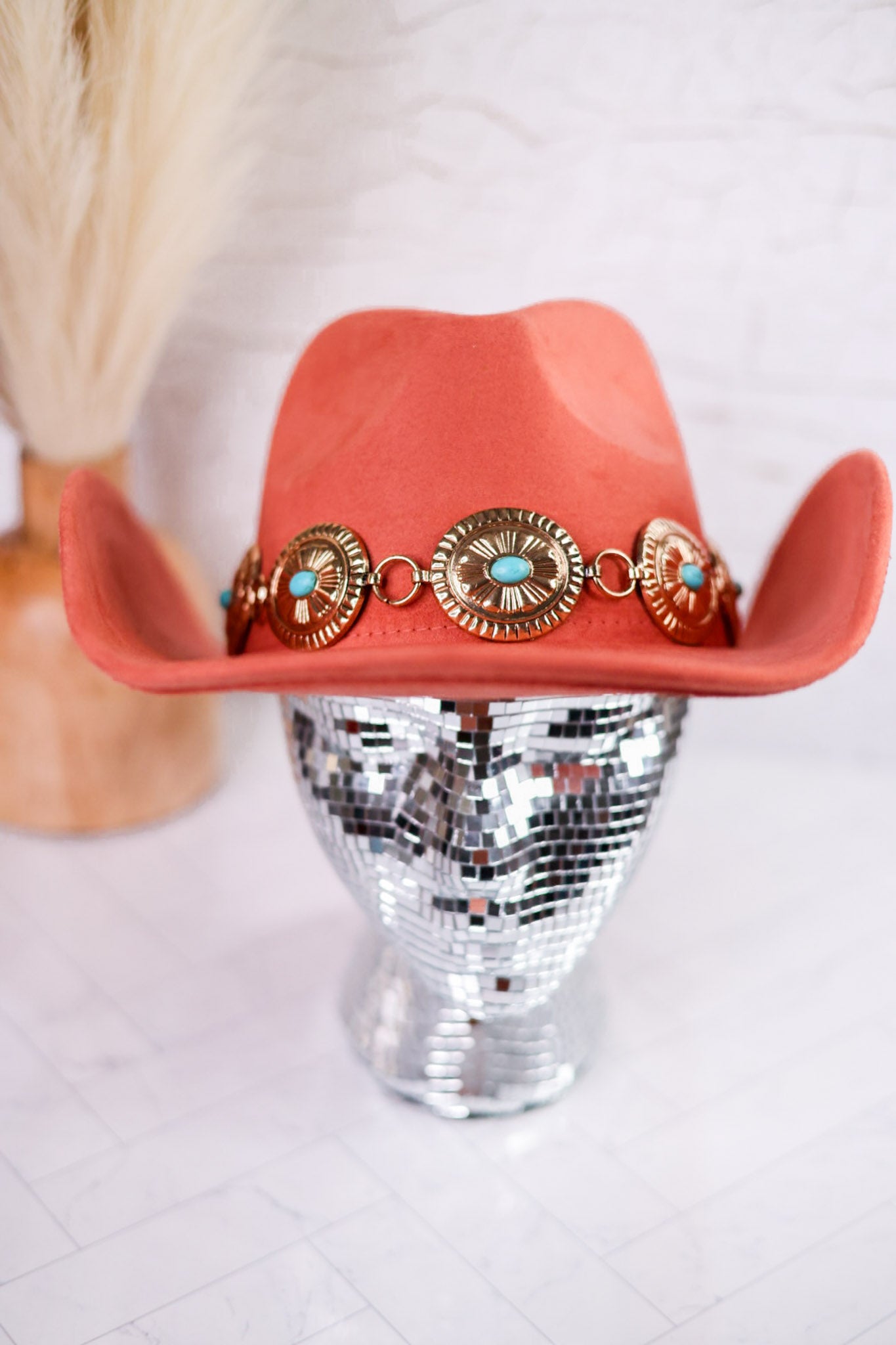 Adjustable Rust Cowgirl Hat W/ Turquoise Concho Chain