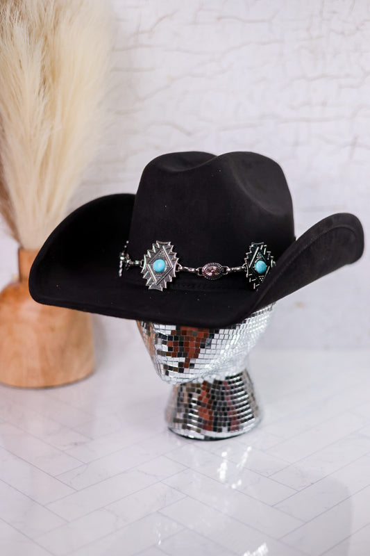 Adjustable Black Cowgirl Hat W/ Turquoise Stud Concho