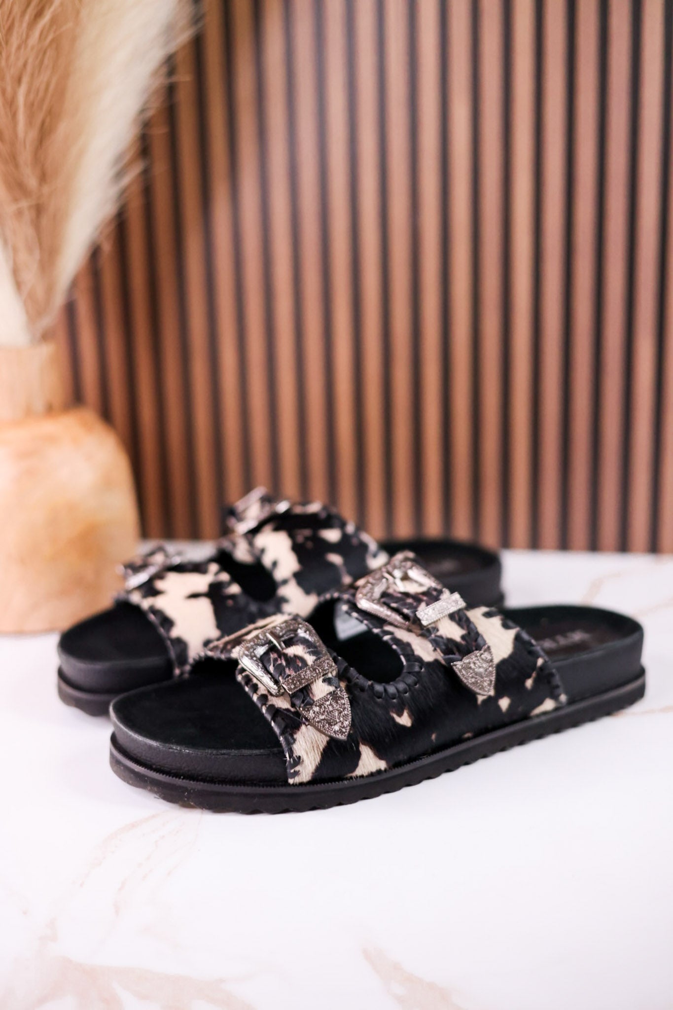 Midnight Grove Black & White Hairon Leather Sandals