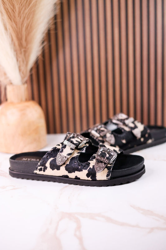 Midnight Grove Black & White Hairon Leather Sandals