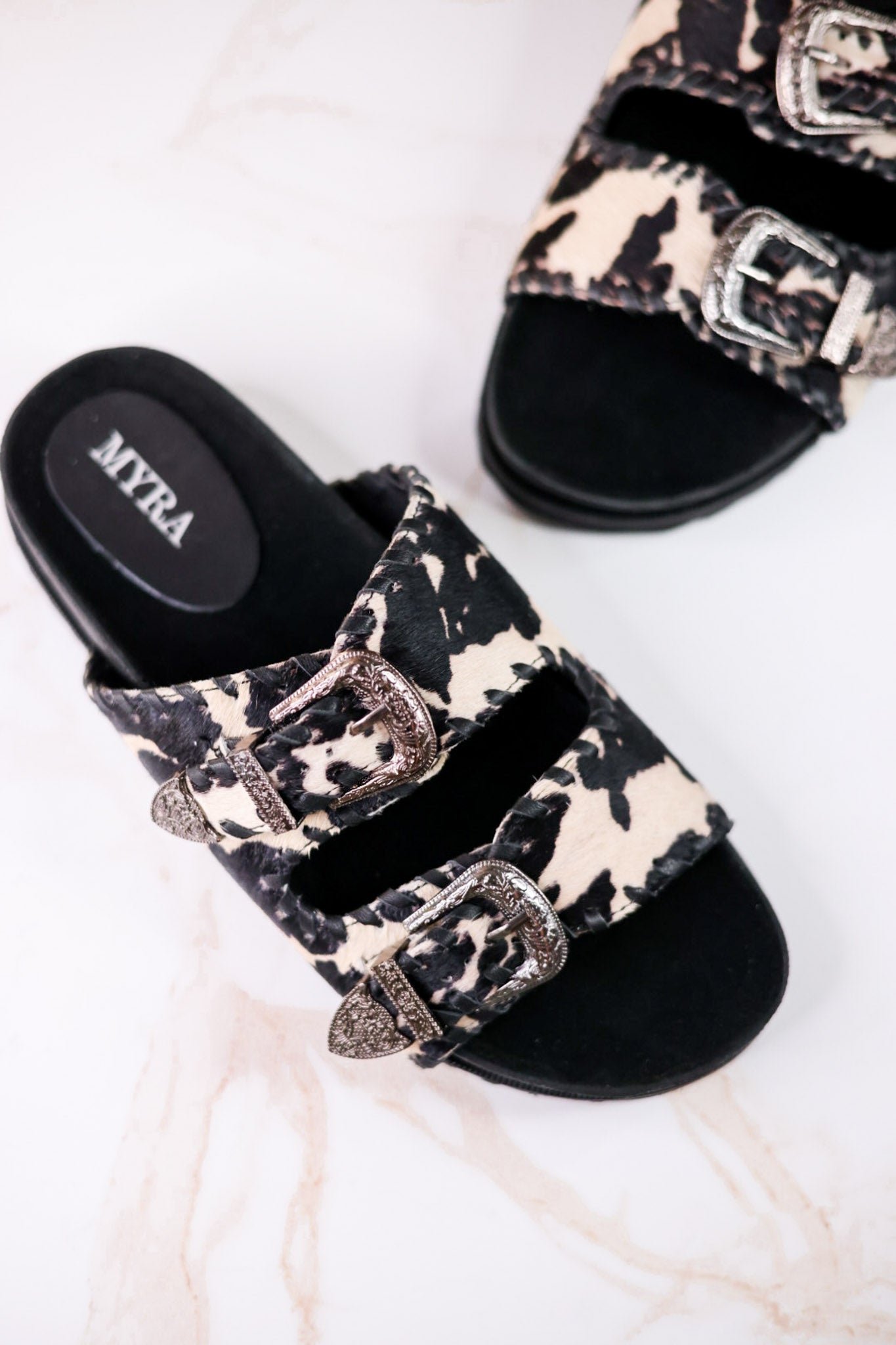 Midnight Grove Black & White Hairon Leather Sandals