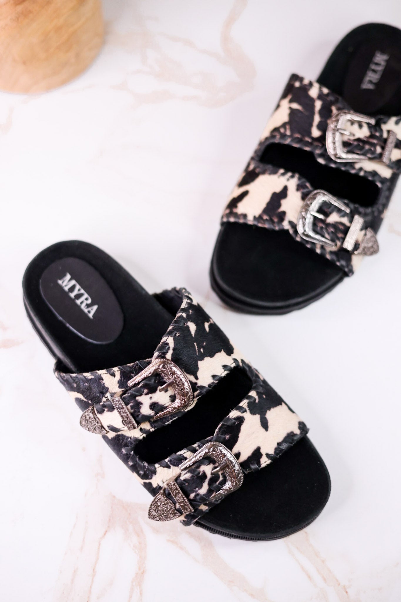 Midnight Grove Black & White Hairon Leather Sandals