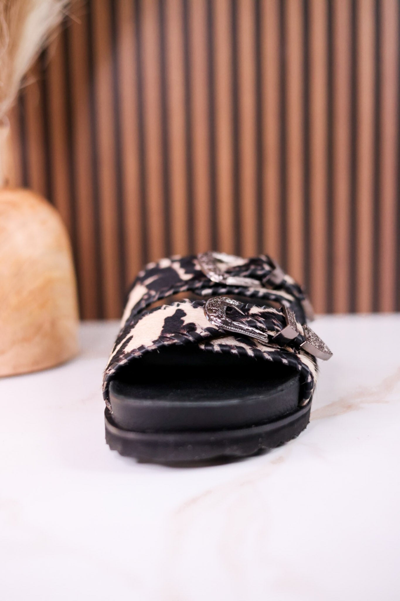 Midnight Grove Black & White Hairon Leather Sandals