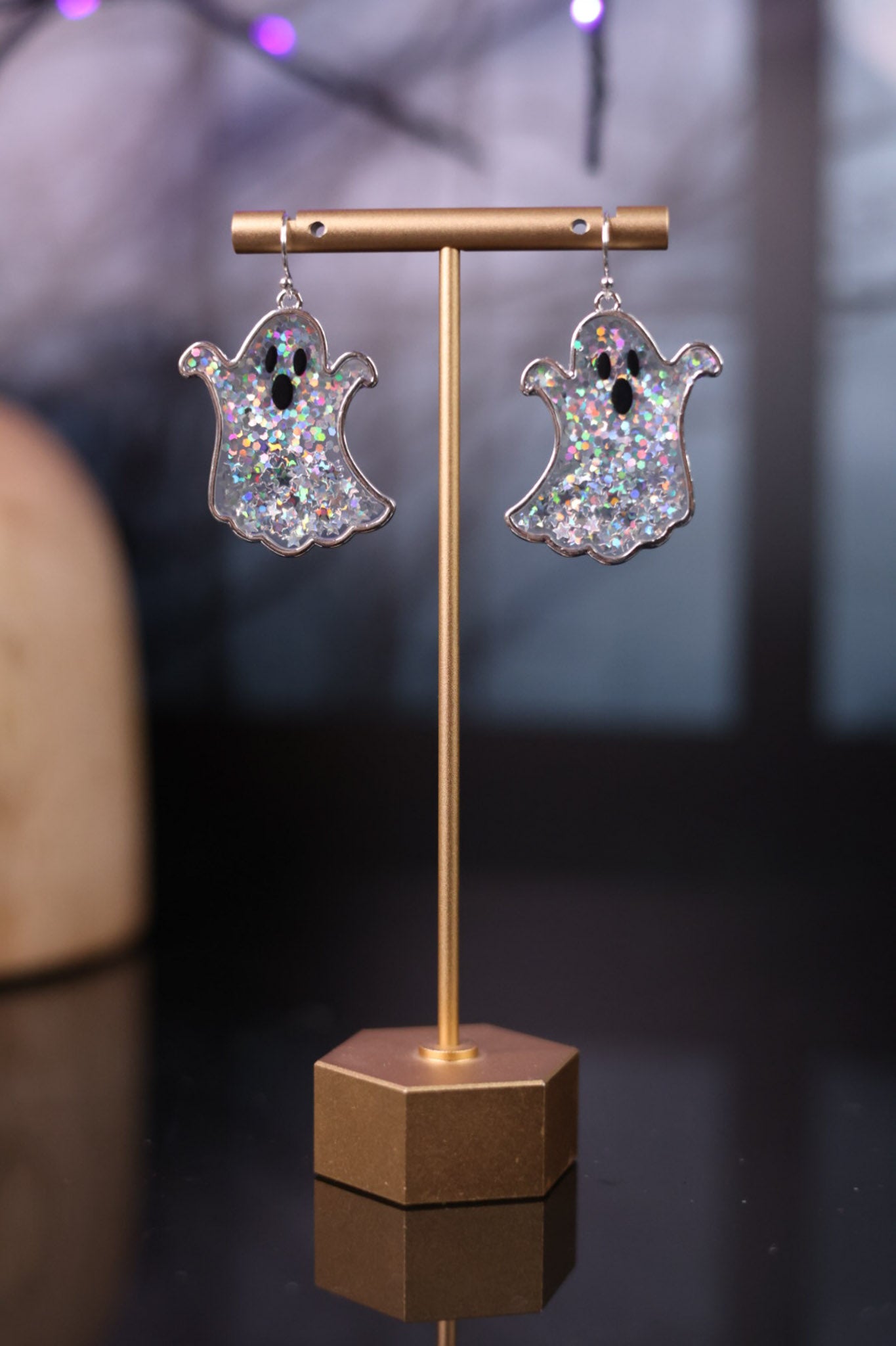 Silver Glittery Halloween Ghost Earrings