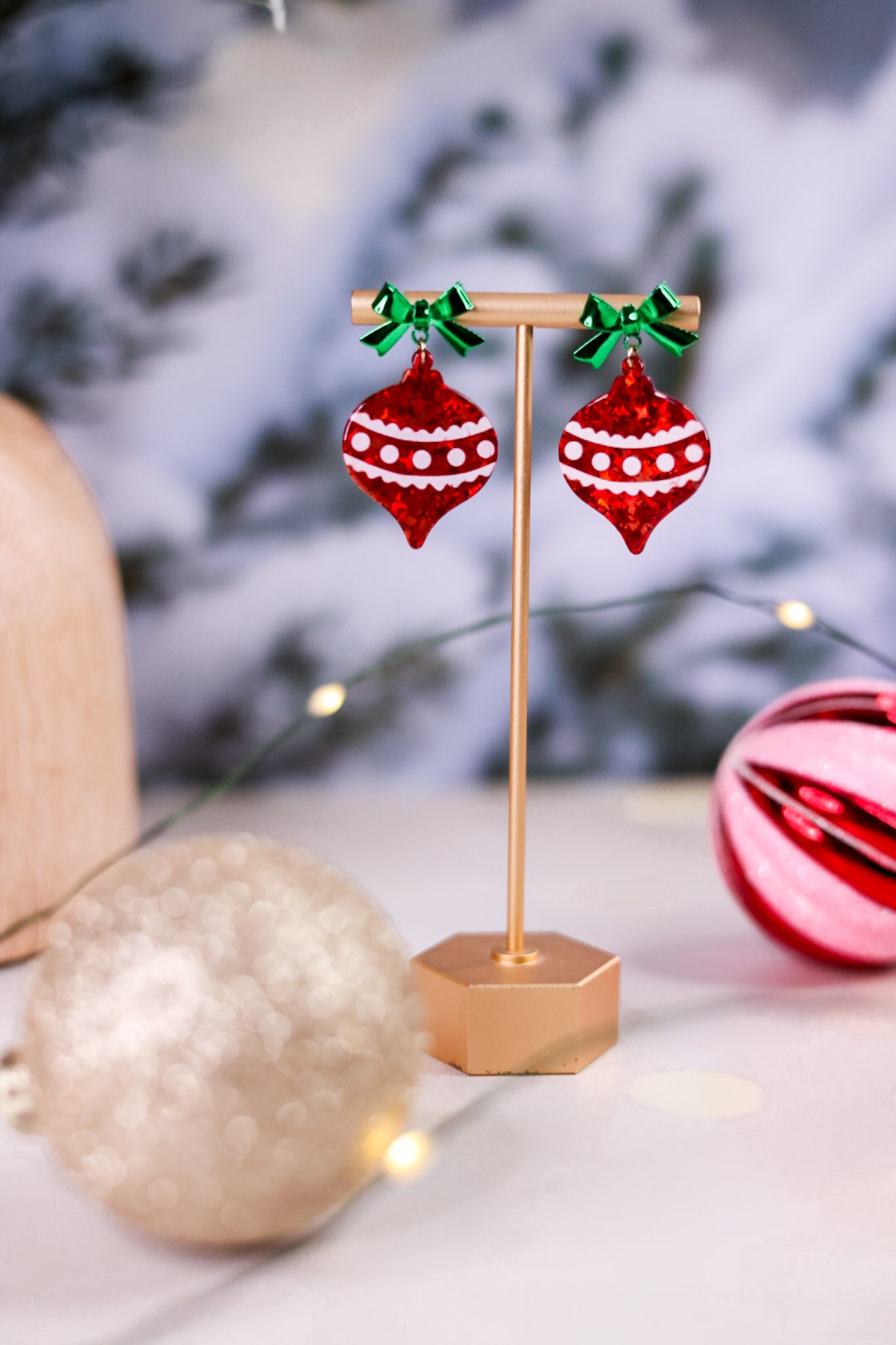 Red Glitter Ornament W/ Bow Christmas Earrings